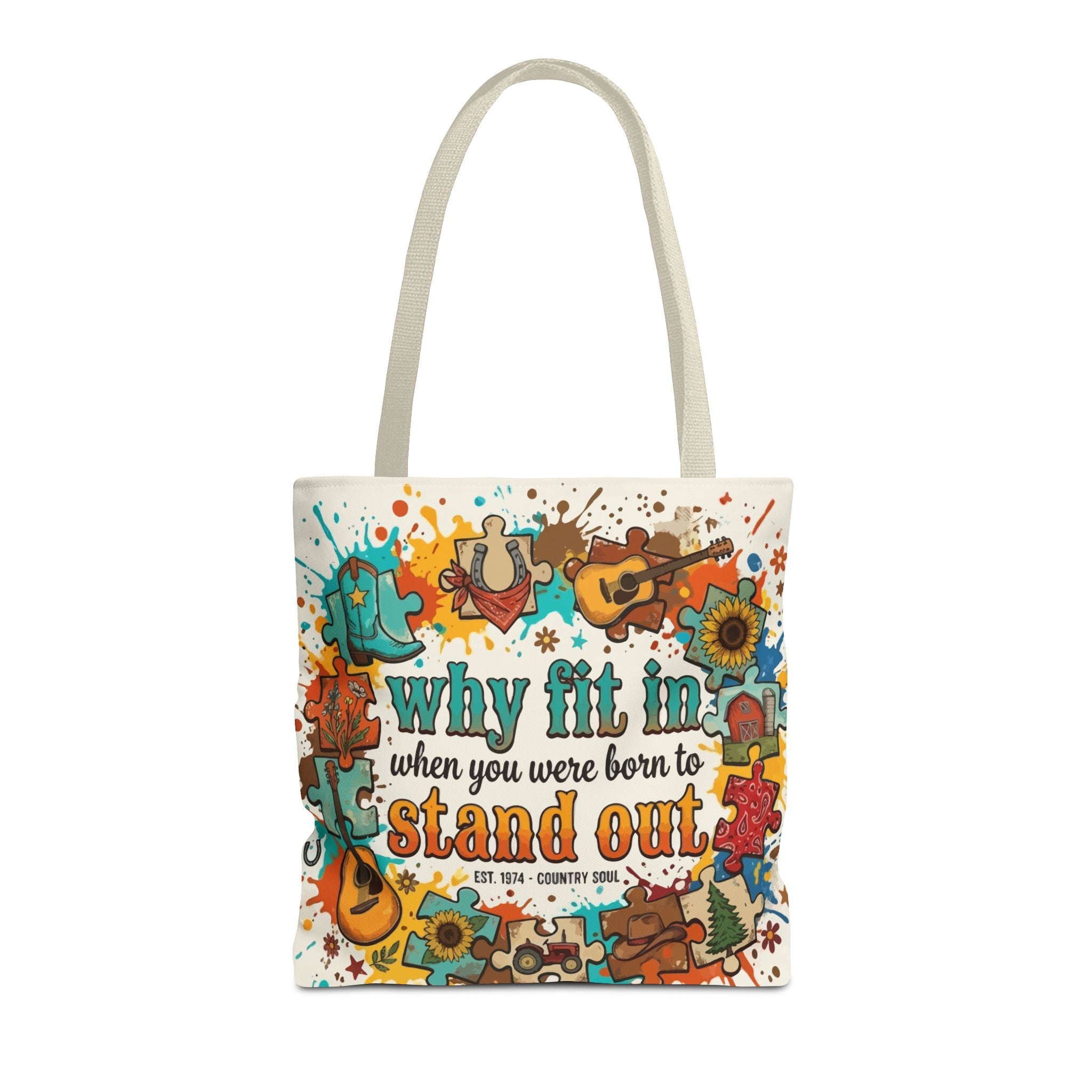 Stand Out Tote Bag — "Why Fit In When You Were Born to Stand Out" Colorful Boho Guitar Design