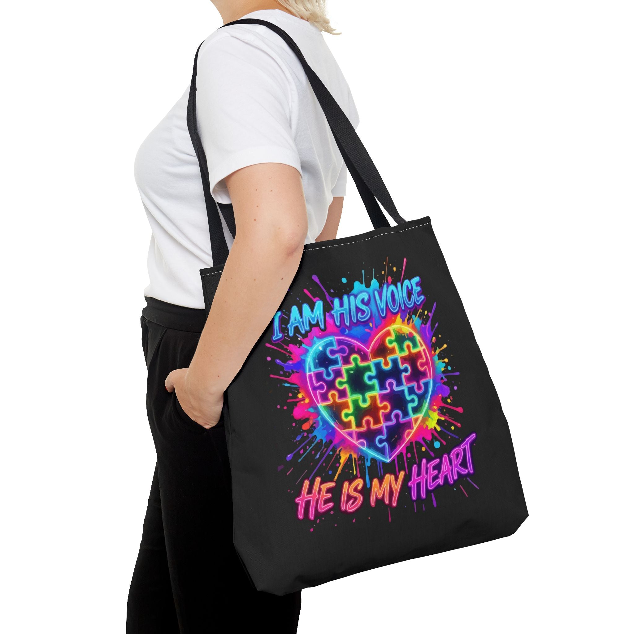 Autism Awareness Tote Bag — "I Am His Voice, He Is My Heart" Colorful Puzzle Heart
