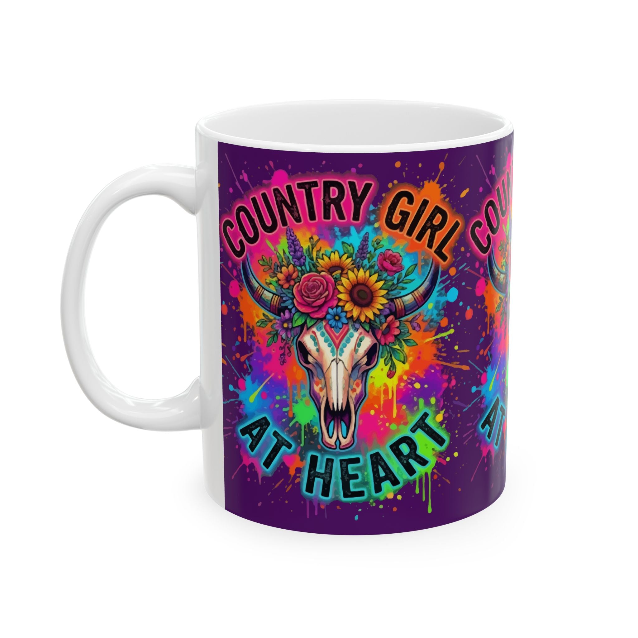 Country Girl At Heart Ceramic Mug — Colorful Floral Cow Skull Coffee Cup (11oz, 15oz)