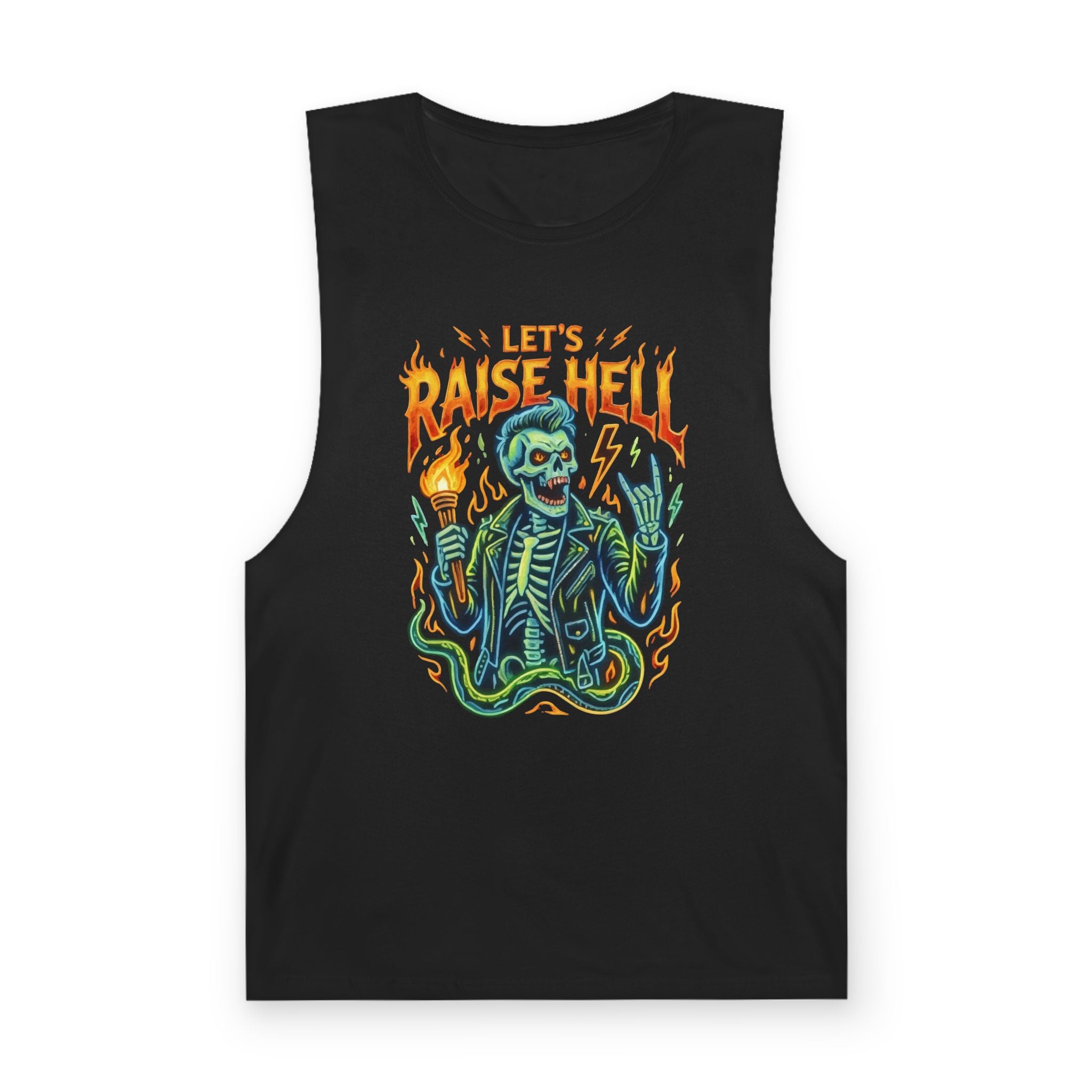 Let's Raise Hell Skeleton Tank Top — Rock & Halloween Flame Graphic Muscle Tee