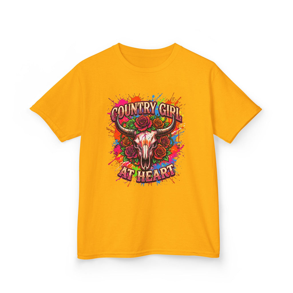 Kids T-Shirt — "Country Girl at Heart" Colorful Cow Skull Tee