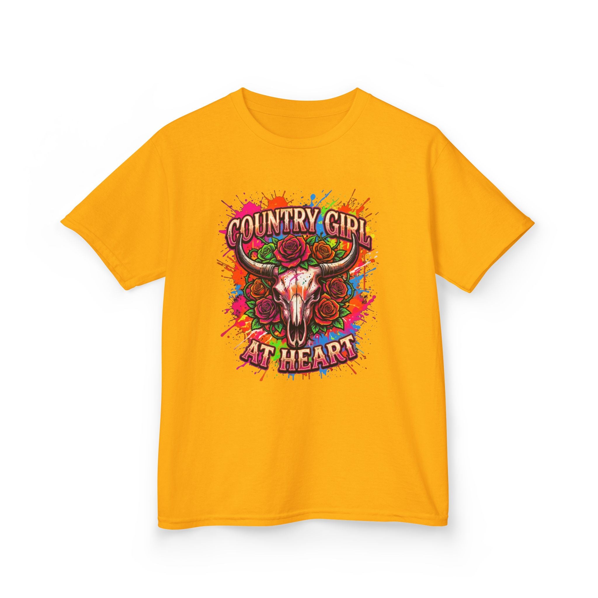 Kids T-Shirt — "Country Girl at Heart" Colorful Cow Skull Tee