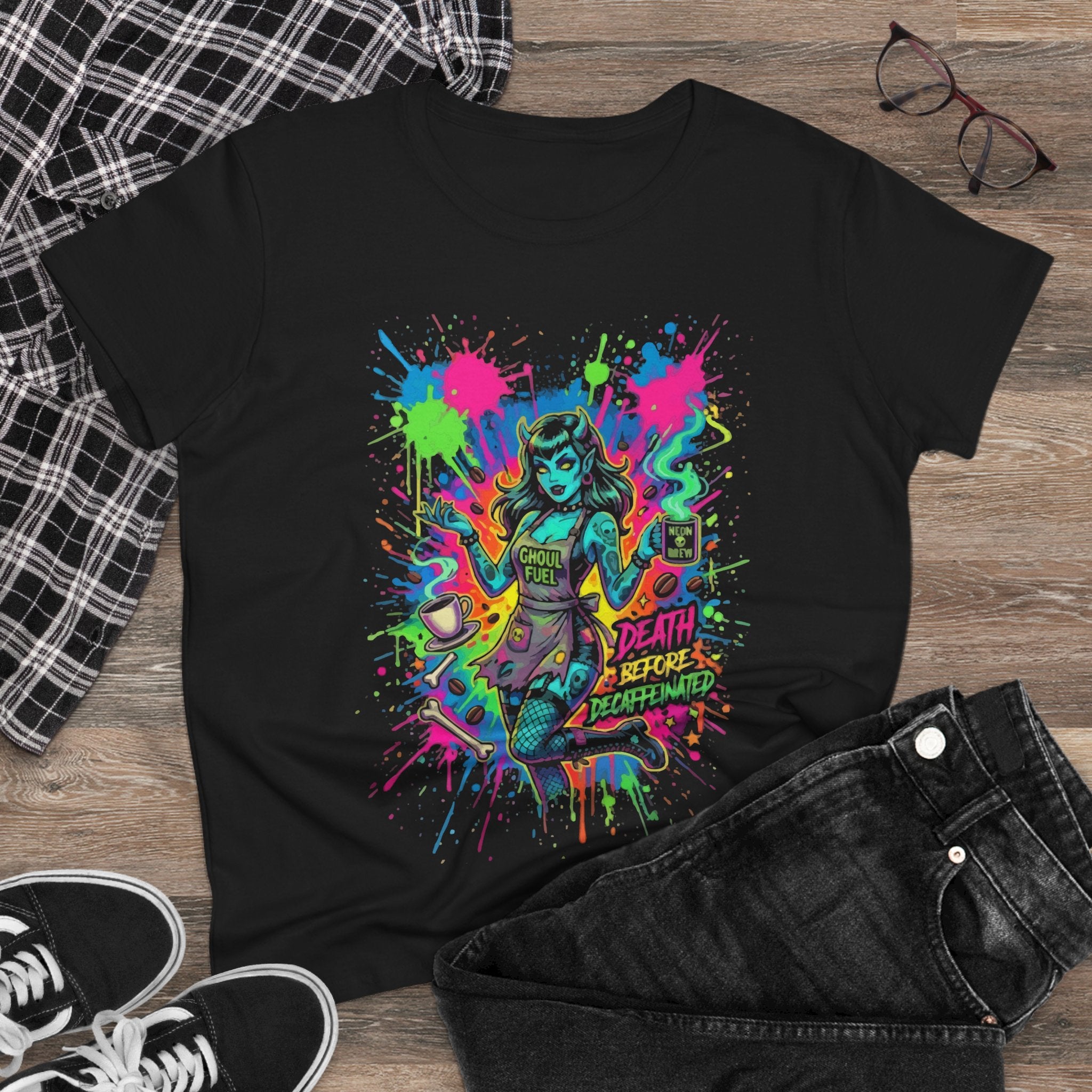 Neon Zombie Girl Graphic Tee — "Death Before Decaf" Punk Rock Women's T-Shirt