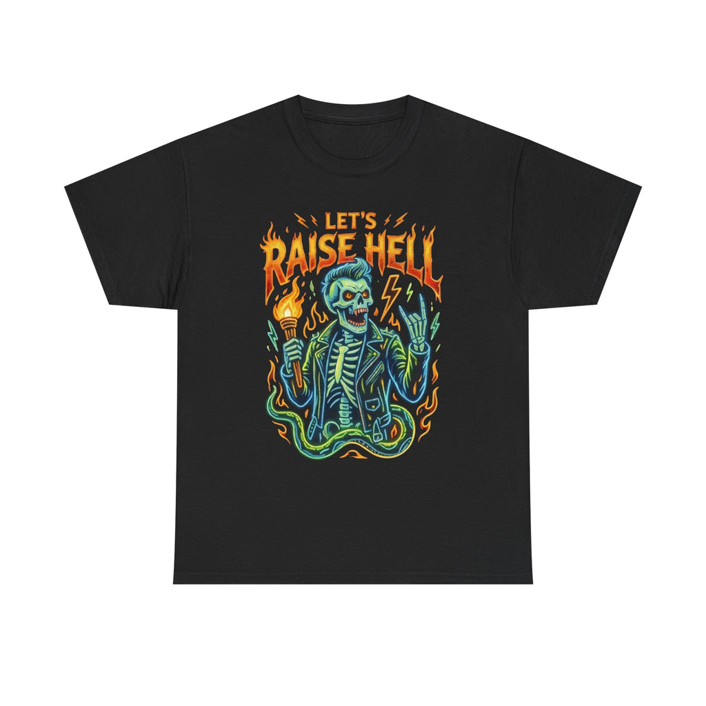 Let’s Raise Hell Skeleton Graphic Tee — Retro Neon Flames Rock T‑Shirt