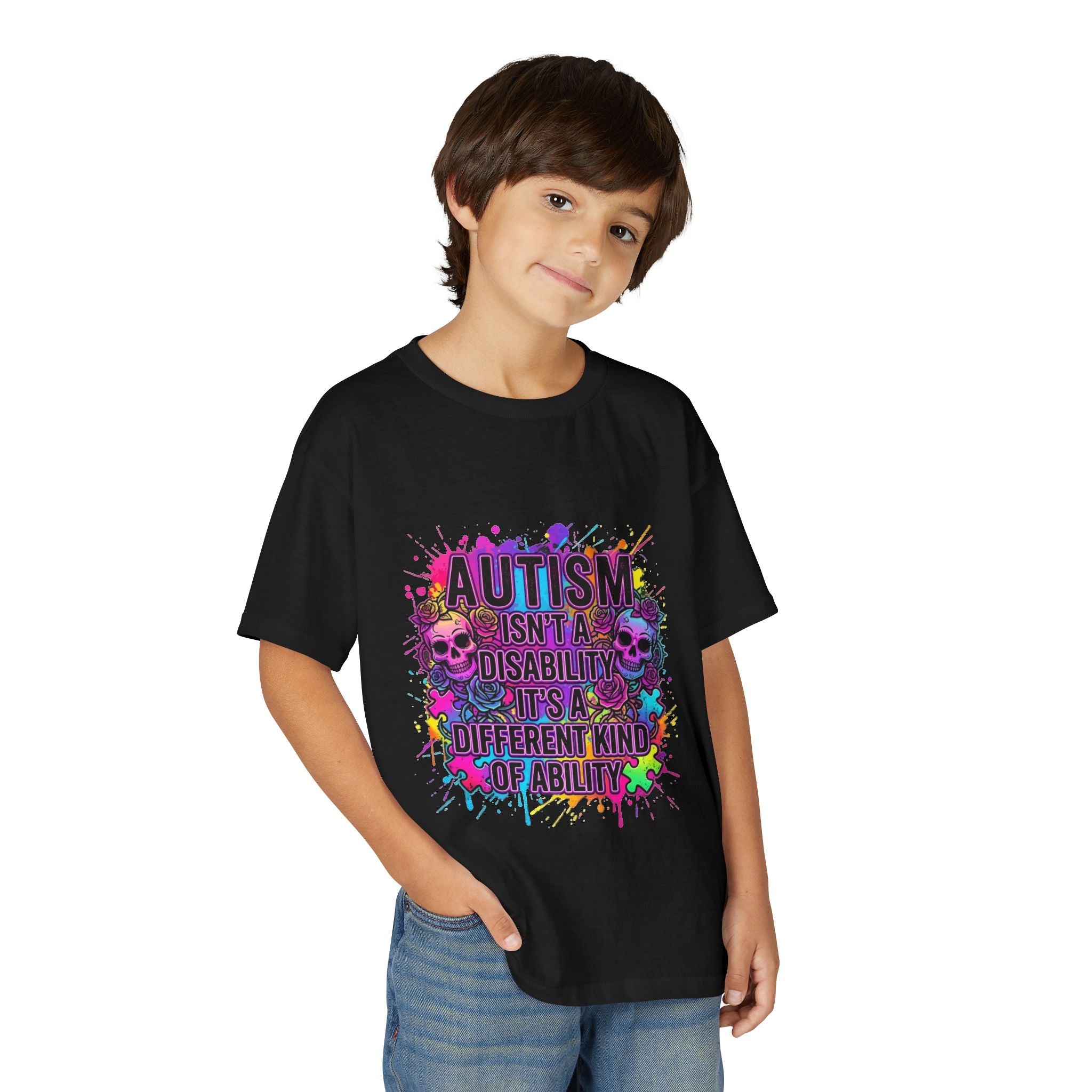 Youth T-Shirt — "Autism Isn't a Disability It's a Different Kind of Ability" Colorful Skull Splash