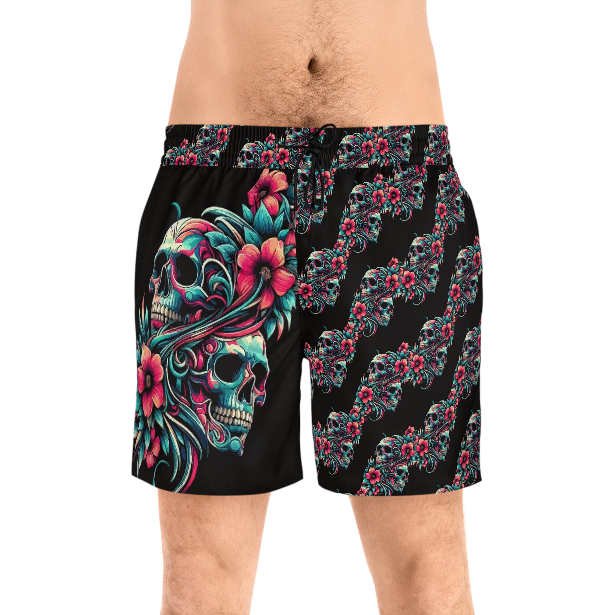 Skull & Hibiscus Swim Shorts — Men's Floral Skull Beach Trunks