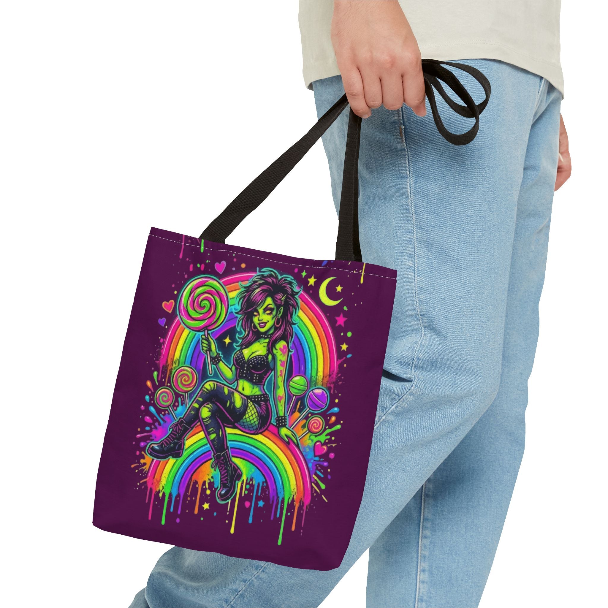Neon Pinup Witch Rainbow Tote Bag — Candy Goth All-Over Print