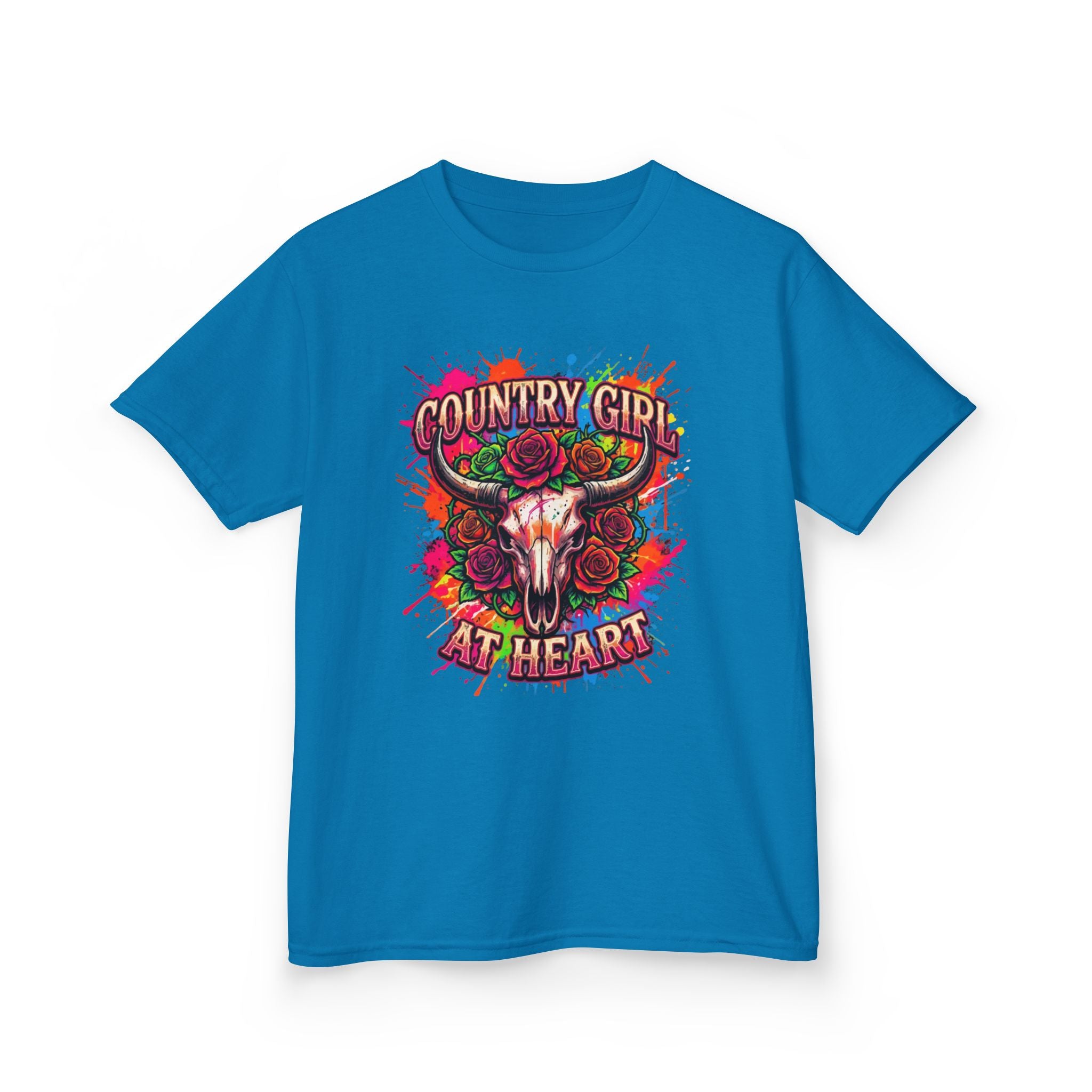 Kids T-Shirt — "Country Girl at Heart" Colorful Cow Skull Tee