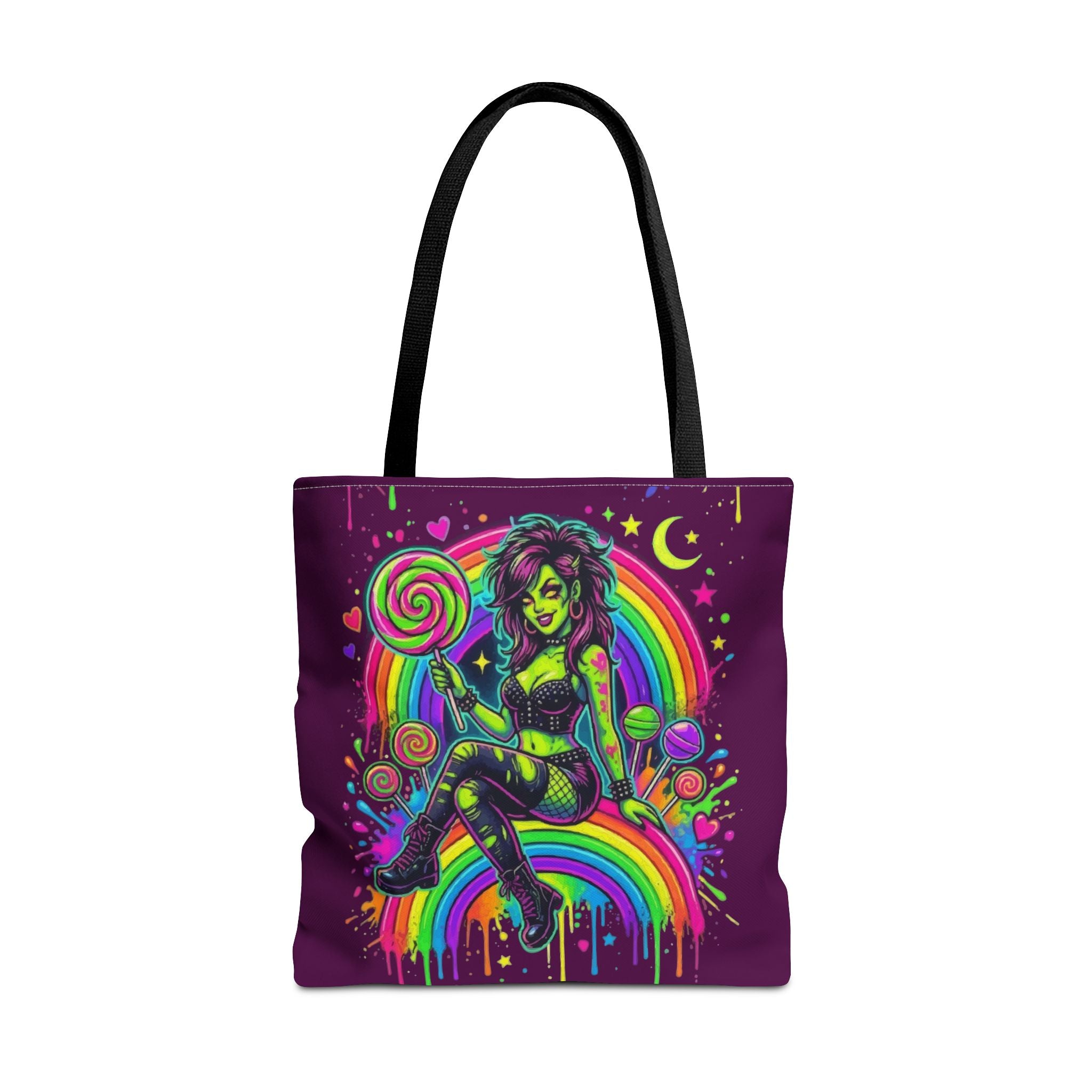 Neon Pinup Witch Rainbow Tote Bag — Candy Goth All-Over Print