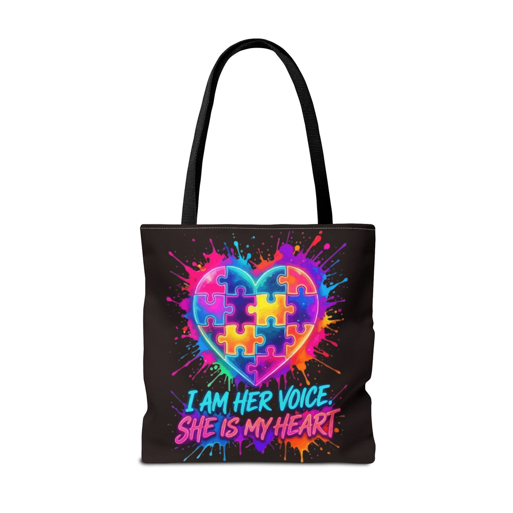 Autism Awareness Heart Tote Bag — "I Am Her Voice, She Is My Heart" Colorful Puzzle Design
