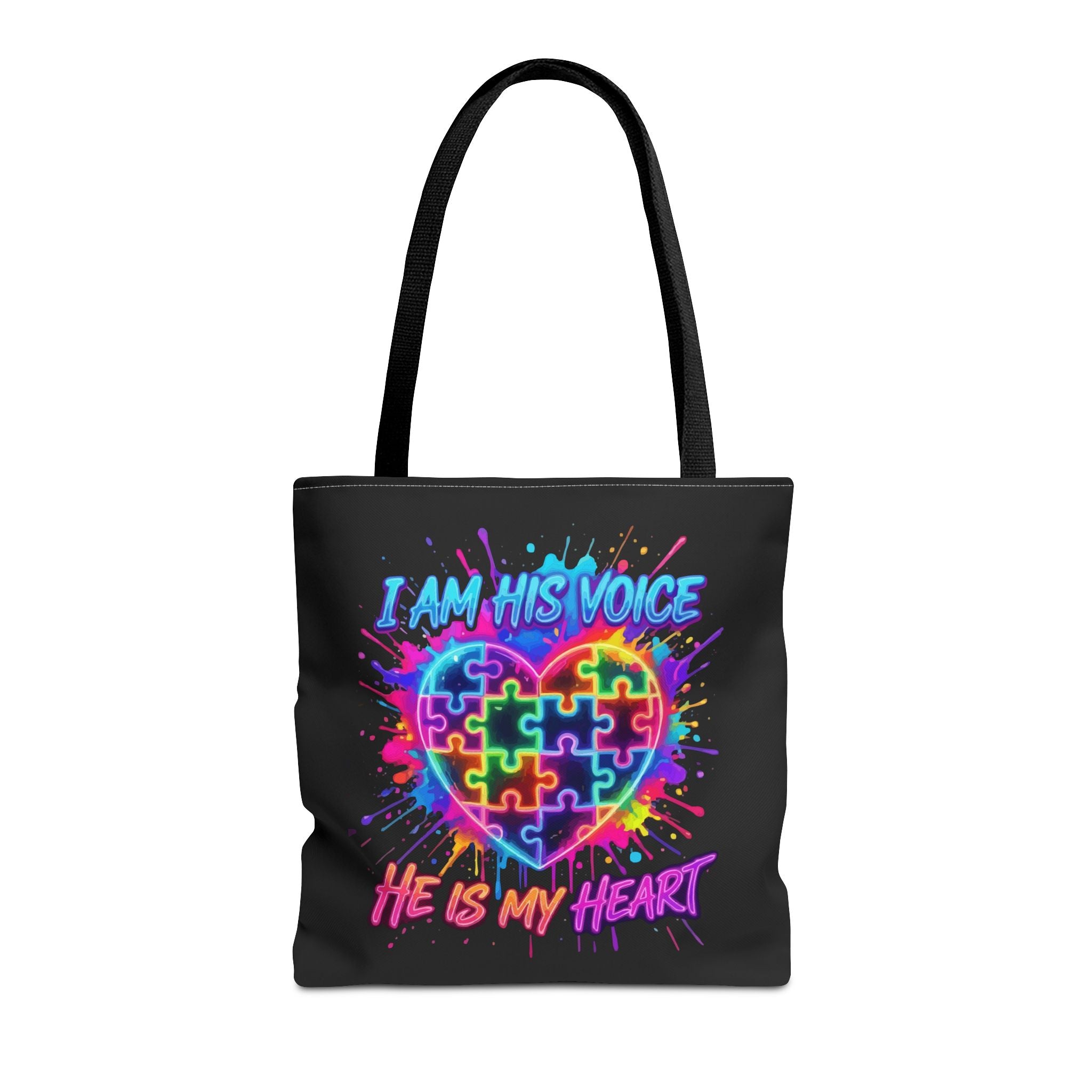 Autism Awareness Tote Bag — "I Am His Voice, He Is My Heart" Colorful Puzzle Heart