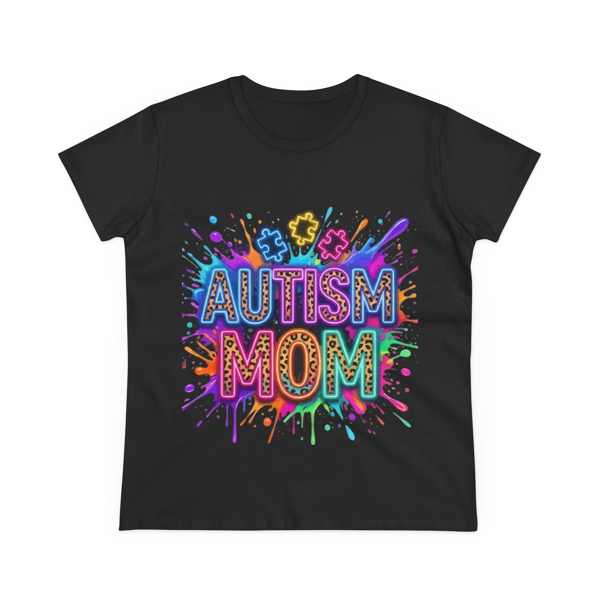 Autism Mom T-Shirt — Colorful Puzzle Splash Tee for Awareness & Support