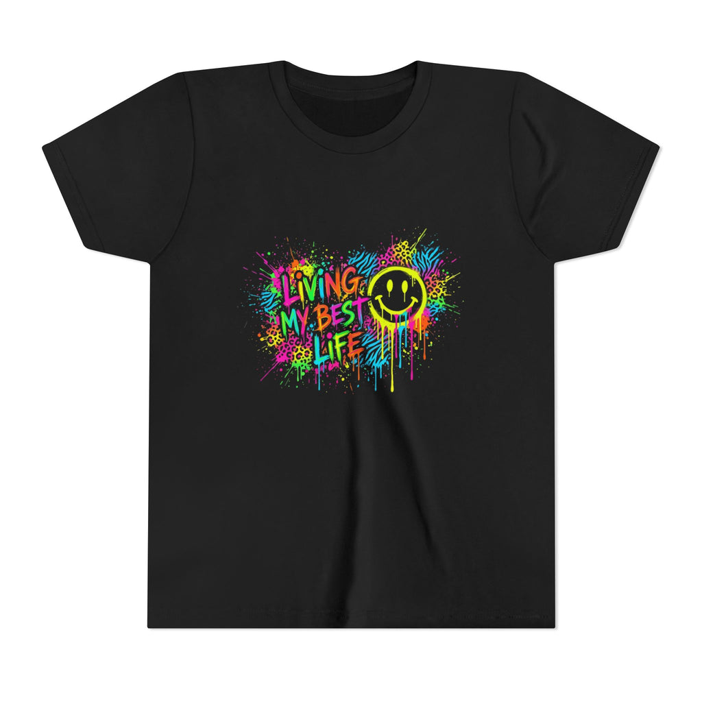 Youth Tee — 'Living My Best Life' Neon Paint Smiley Graphic