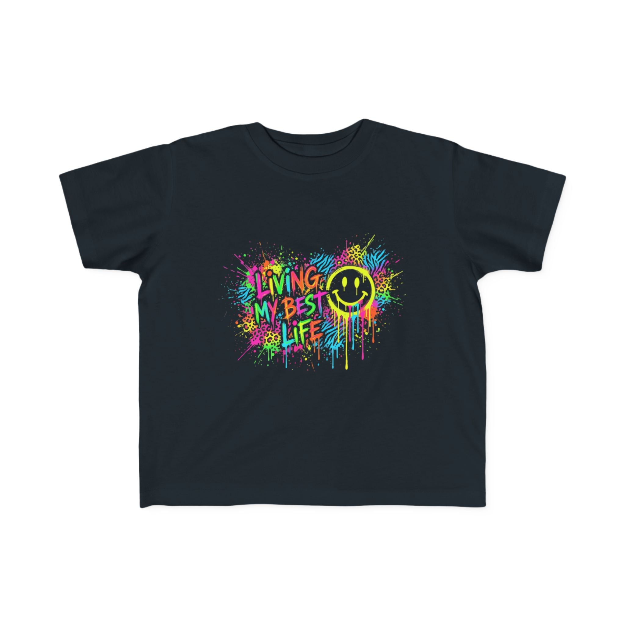 Toddler Tee — "Living My Best Life" Neon Smiley Paint Splash