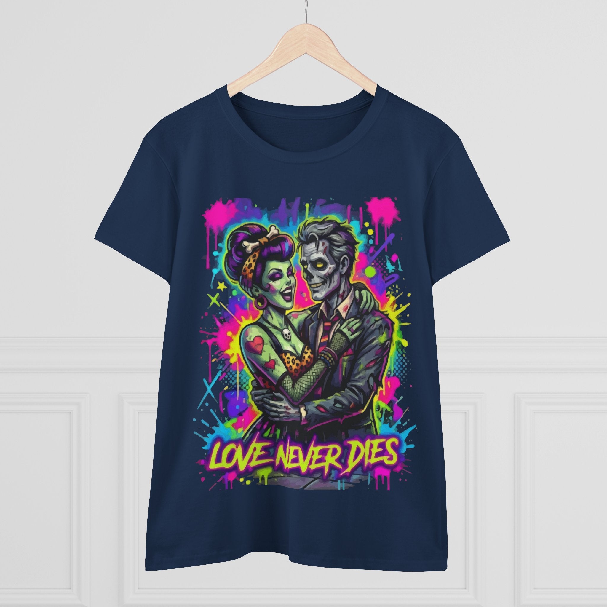 Women's Tee — Neon Zombie Couple "Love Never Dies" Graphic