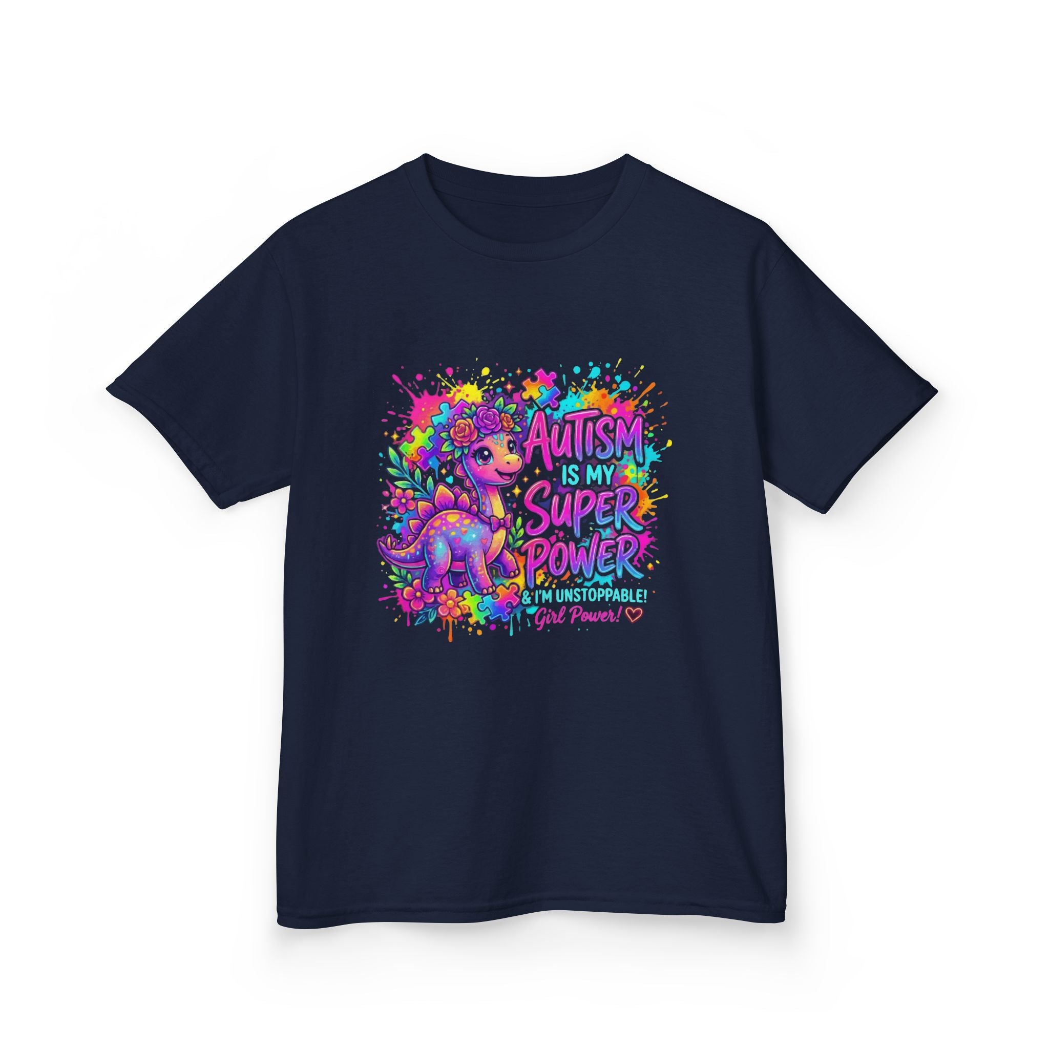 Kids Tee — "Autism Is My Superpower" Colorful Dino Autism Awareness Shirt