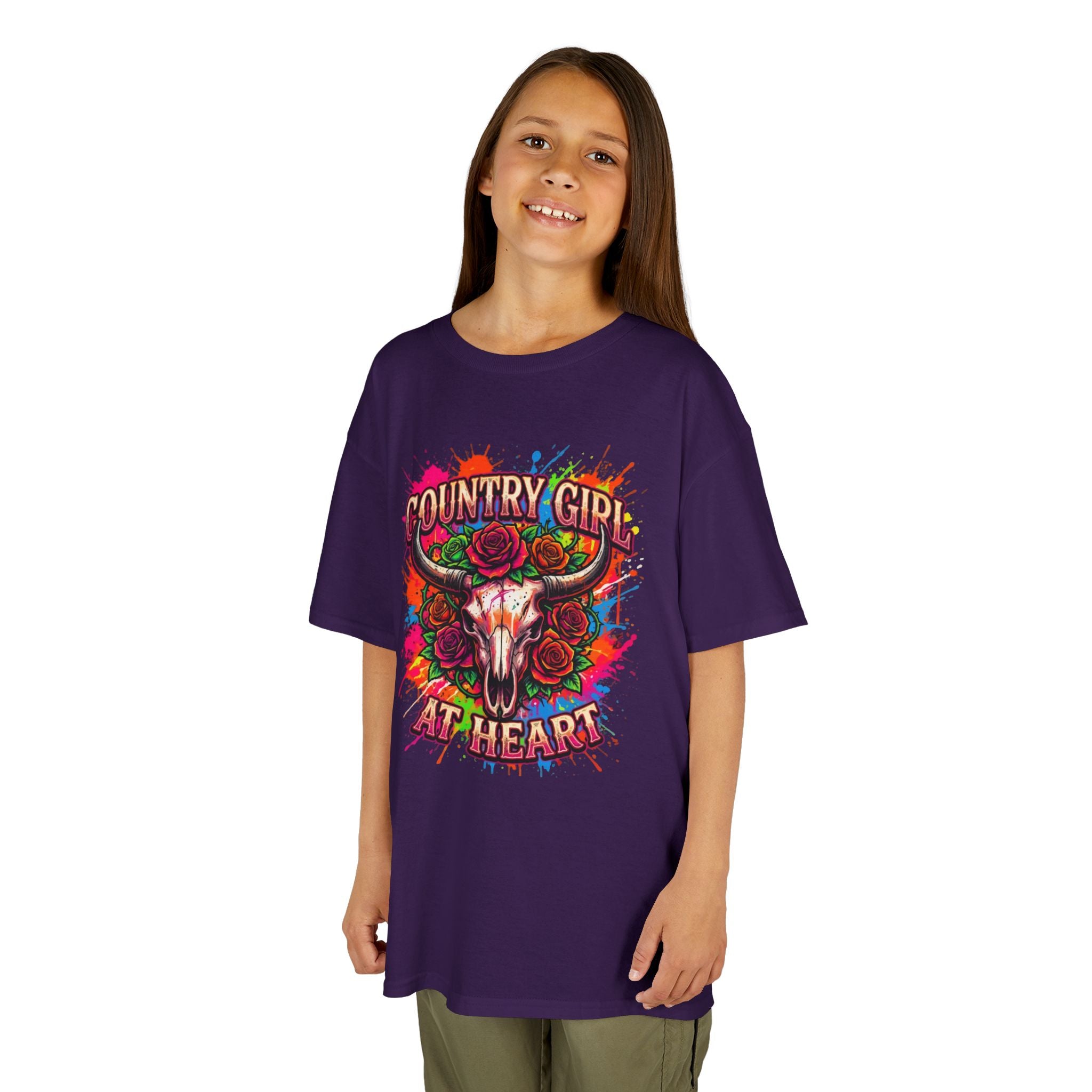 Kids T-Shirt — "Country Girl at Heart" Colorful Cow Skull Tee