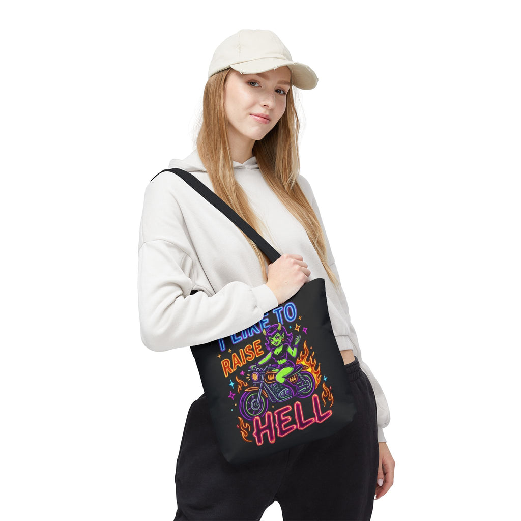 I Like to Raise Hell Motorcycle Tote Bag — Neon Biker Cat Graphic