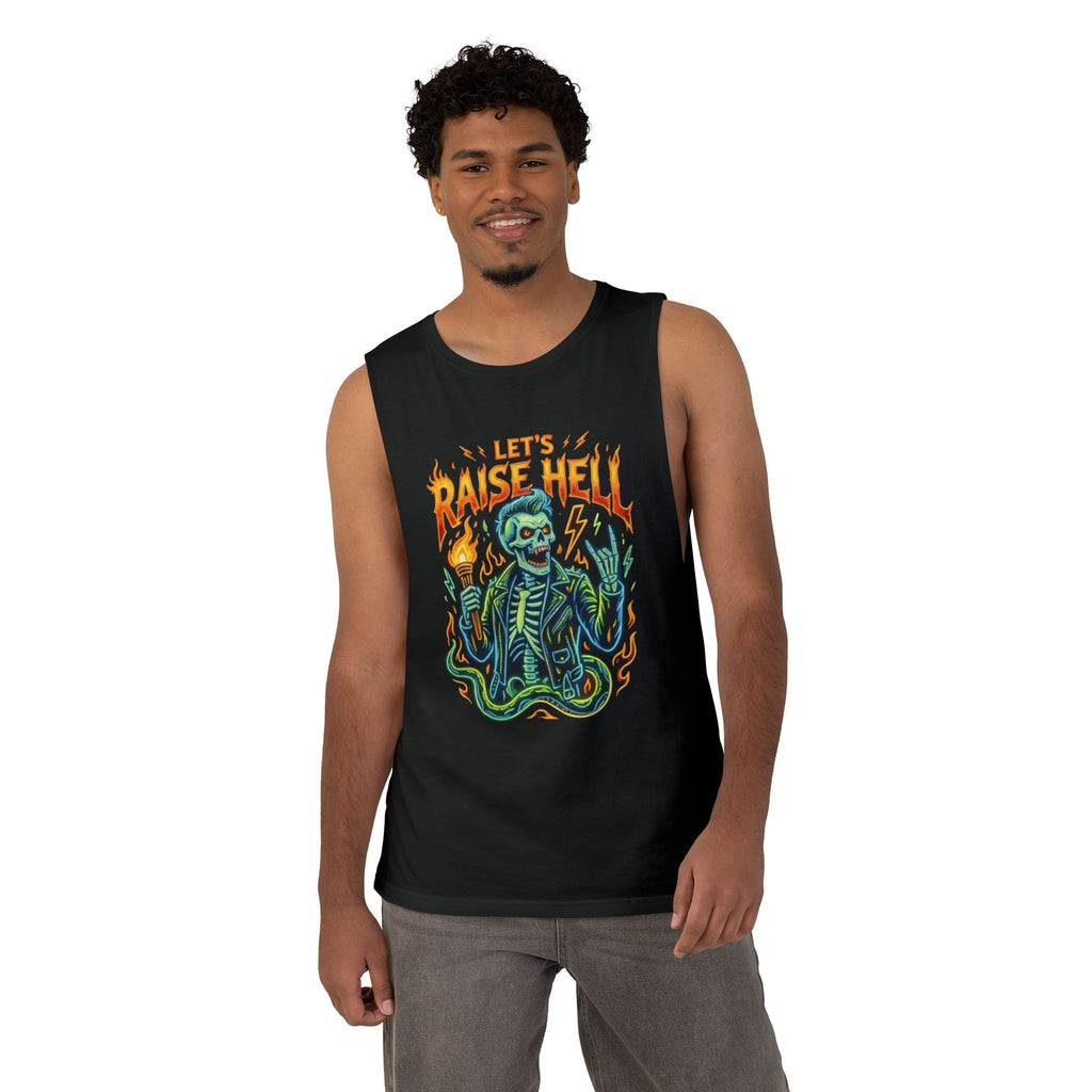 Let's Raise Hell Skeleton Tank Top — Rock & Halloween Flame Graphic Muscle Tee
