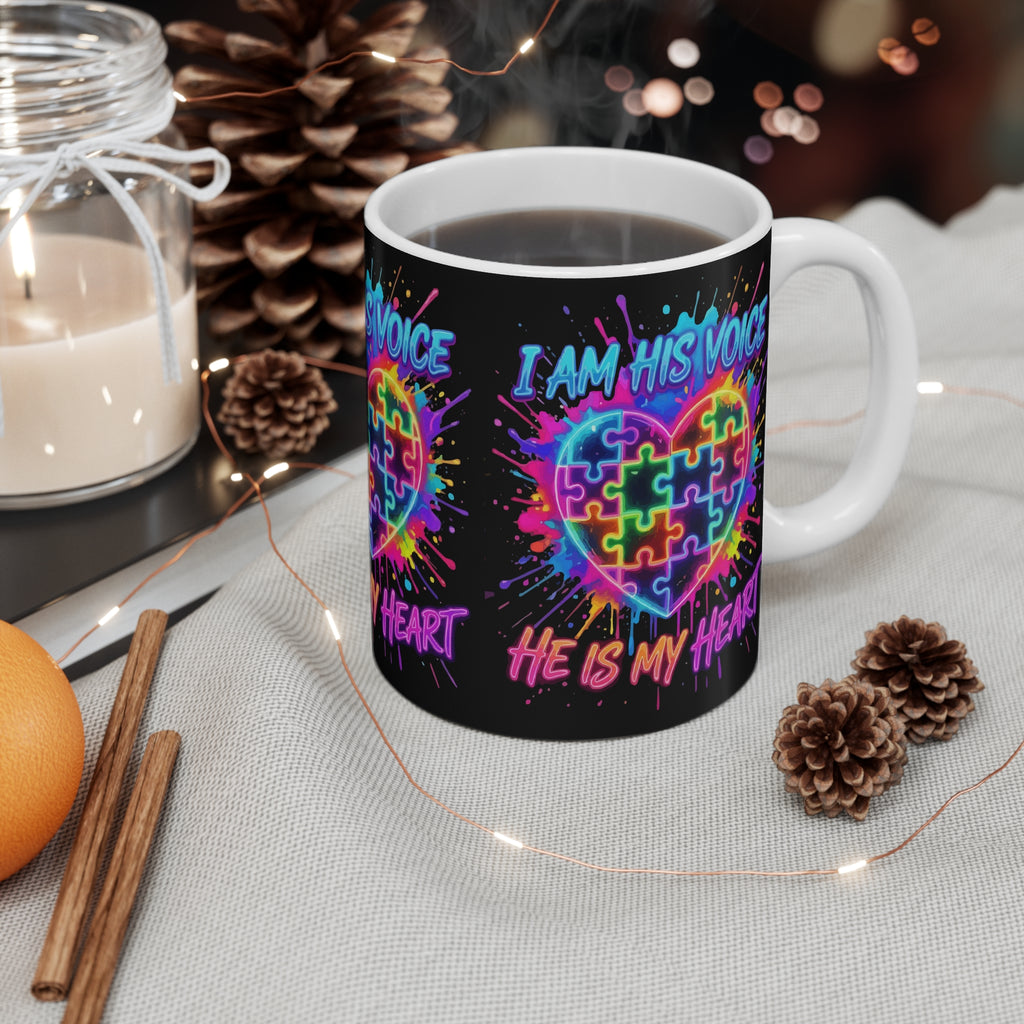 Autism Awareness Mug — "I Am His Voice, He Is My Heart" Rainbow Puzzle Heart 11oz
