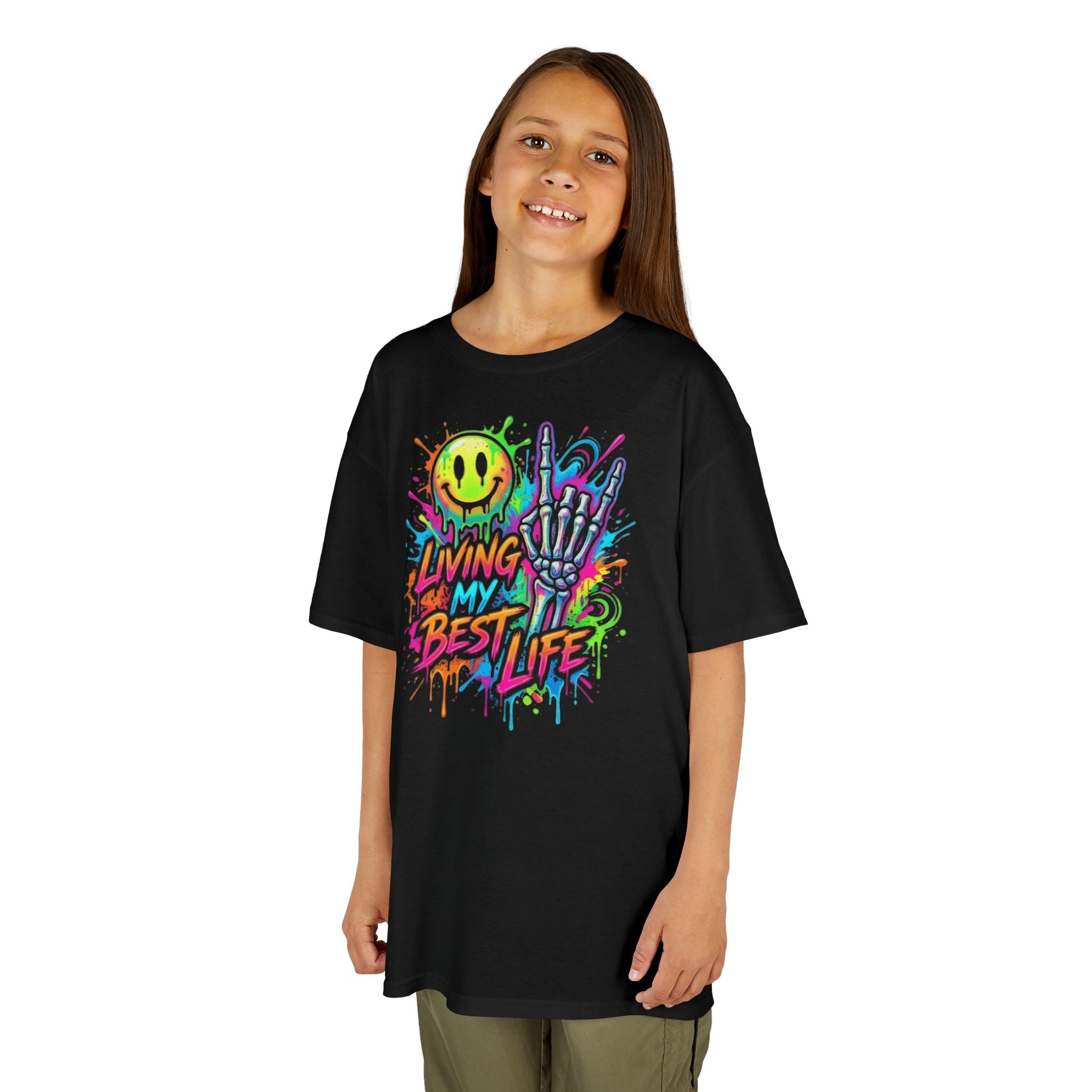 Kids T-Shirt — Neon Graffiti “Living My Best Life” Smiley Skate Tee