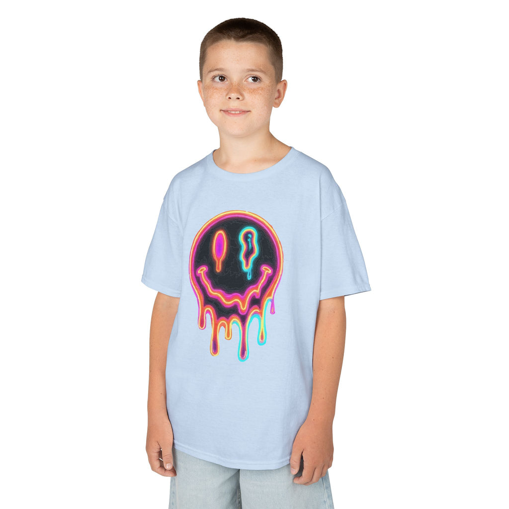 Kids Neon Drip Smiley T-Shirt — Colorful Melting Emoji Tee for Boys & Girls