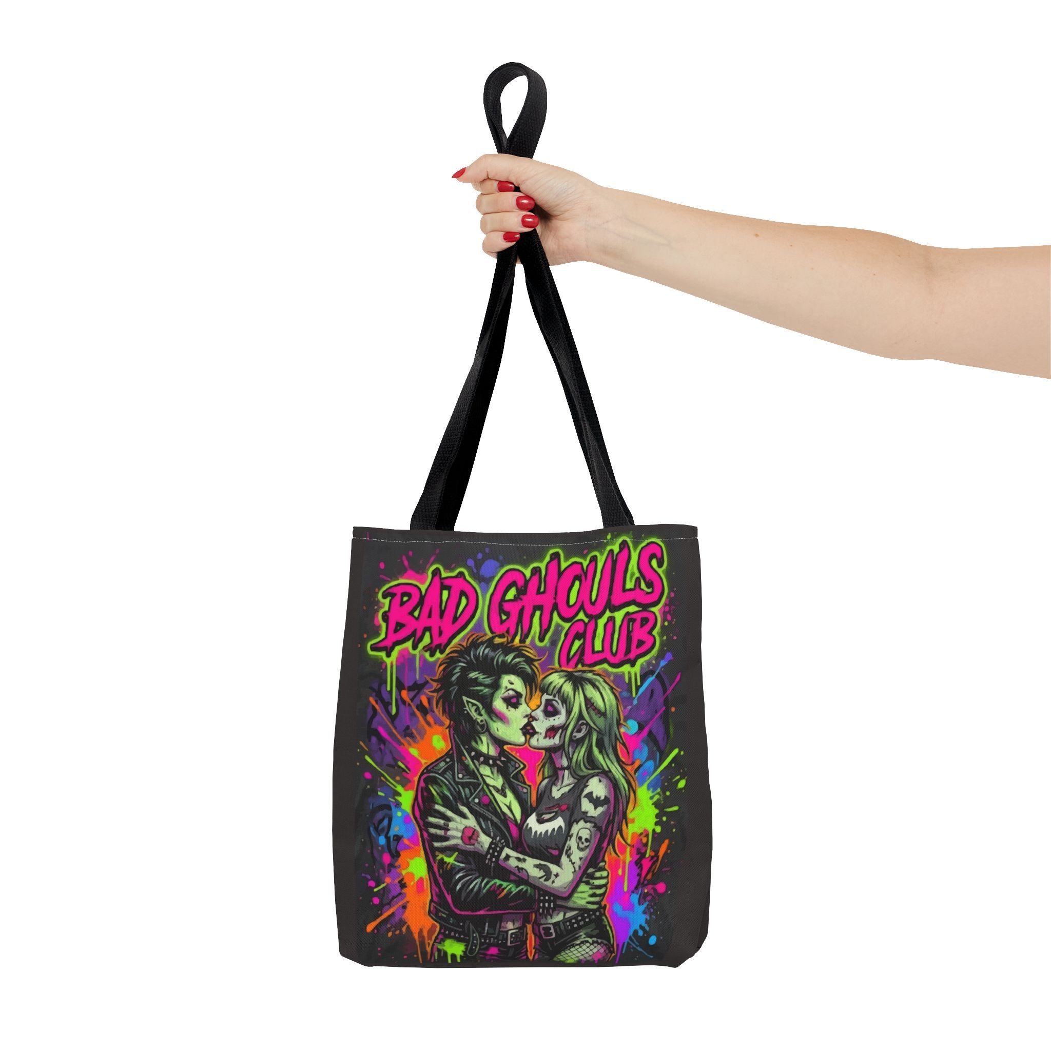 Bad Ghouls Club Tote Bag — Neon Goth Zombie Couple Graphic Tote