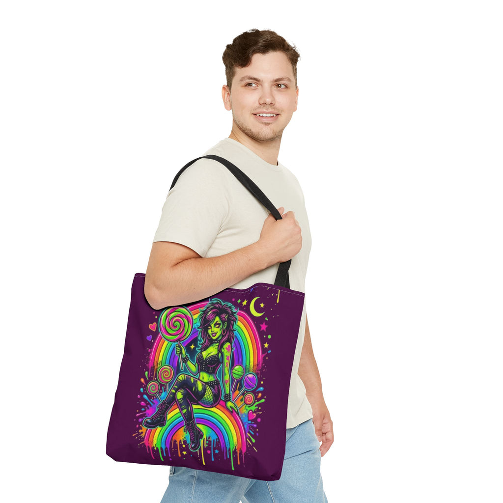 Neon Pinup Witch Rainbow Tote Bag — Candy Goth All-Over Print