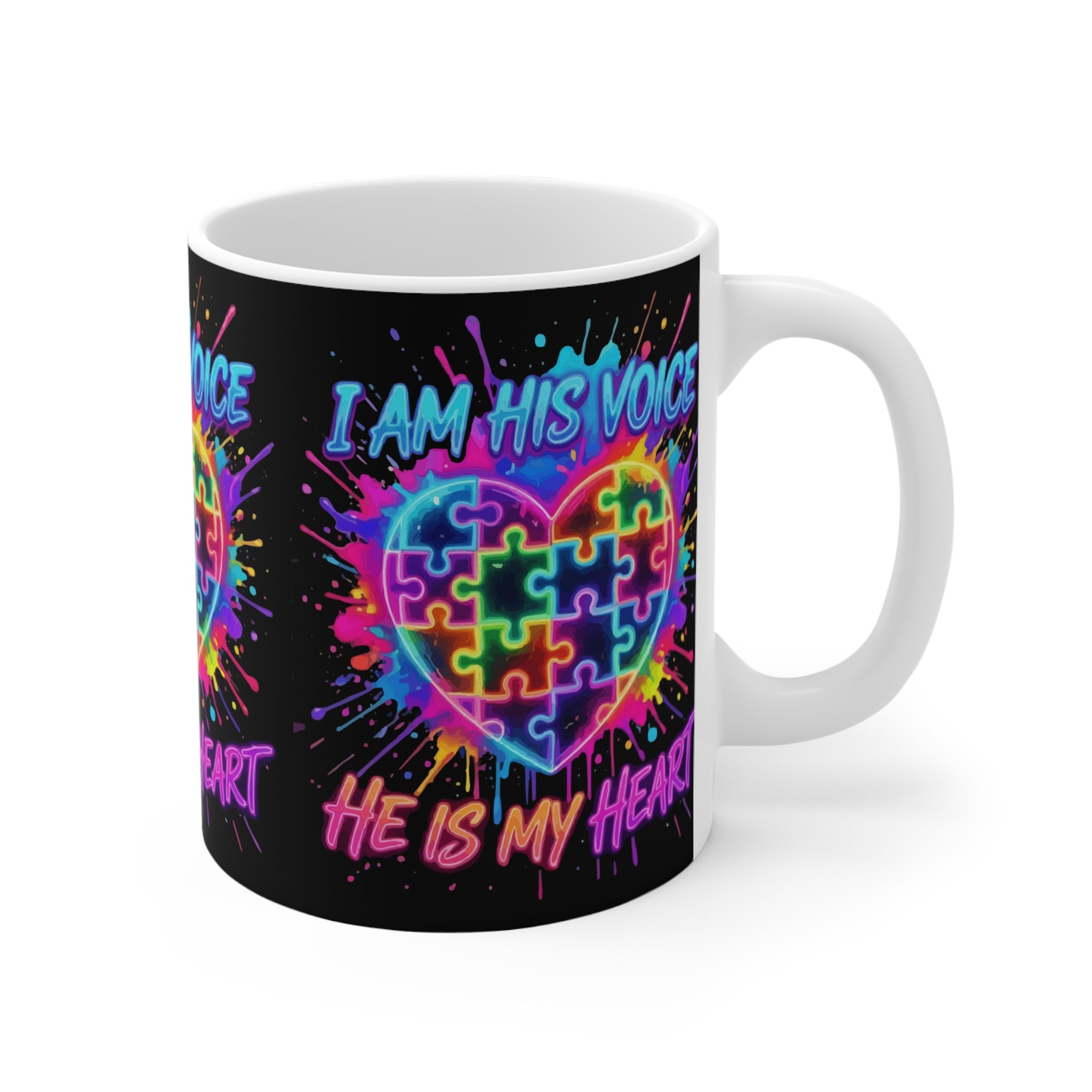 Autism Awareness Mug — "I Am His Voice, He Is My Heart" Rainbow Puzzle Heart 11oz