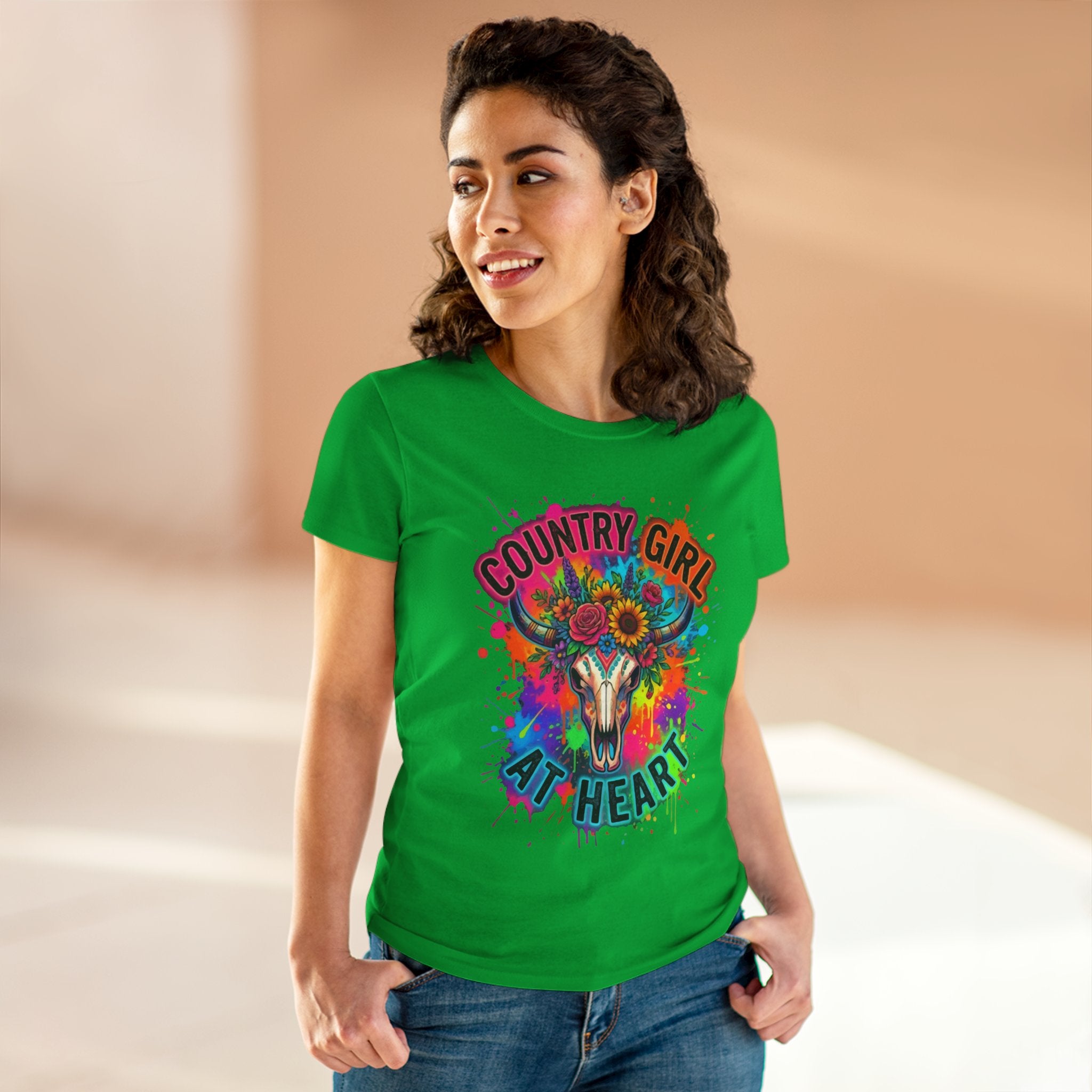 Country Girl At Heart Tee — Colorful Floral Cow Skull Women's T‑Shirt