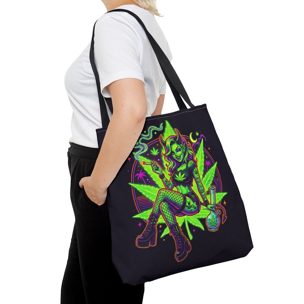 Psychedelic Witch Tote Bag — Neon Cannabis Pinup All-Over Print