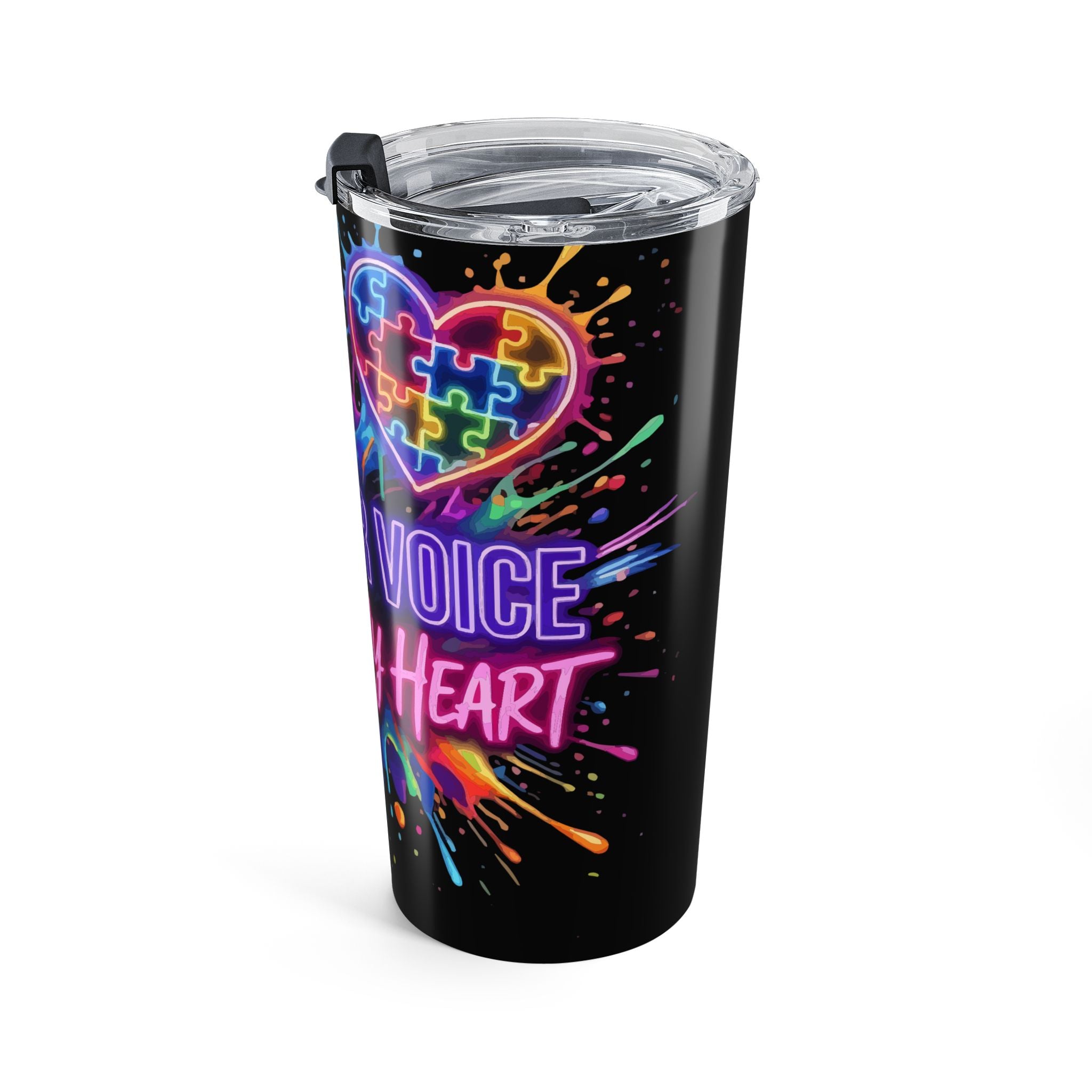 20oz Autism Awareness Tumbler — "Autism Her Voice, She Is My Heart" Neon Puzzle Splash