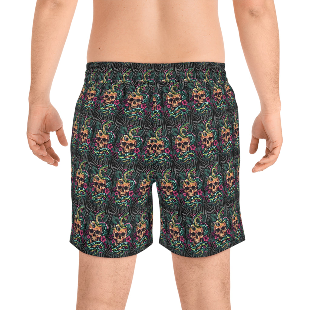 Skull & Snake Tropical Swim Shorts — Men's Mid-Length Beach Trunks