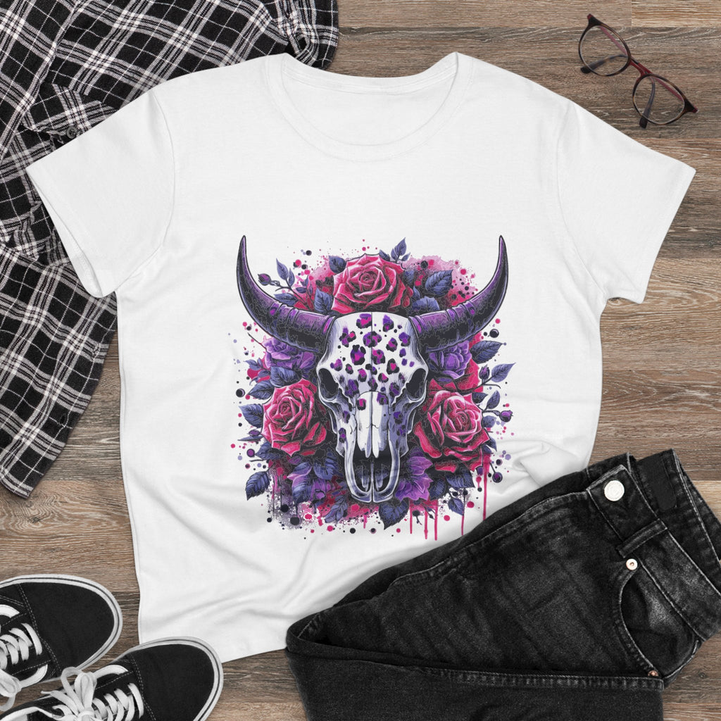 Bull Skull Rose Graphic Tee — Floral Western Women's T-Shirt