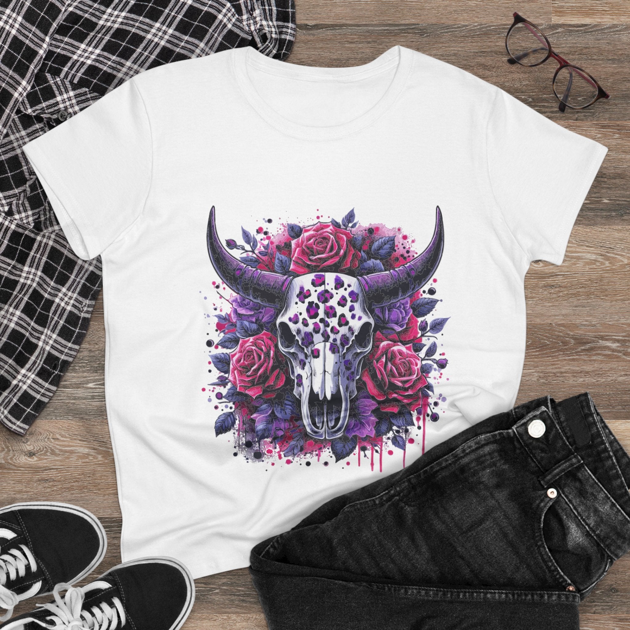 Bull Skull Rose Graphic Tee — Floral Western Women's T-Shirt