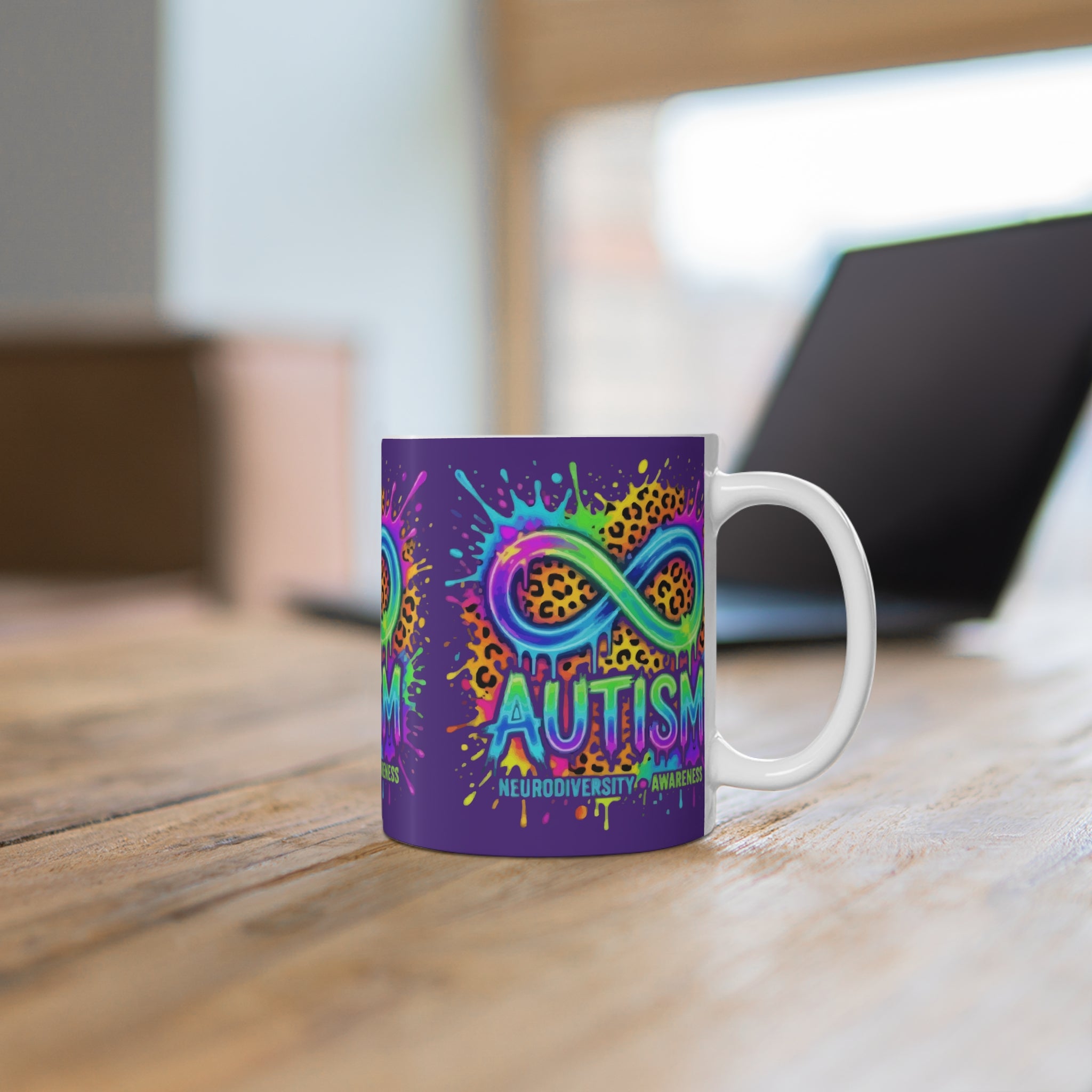 Autism Neurodiversity Awareness Mug — Rainbow Infinity Leopard Design (11oz)