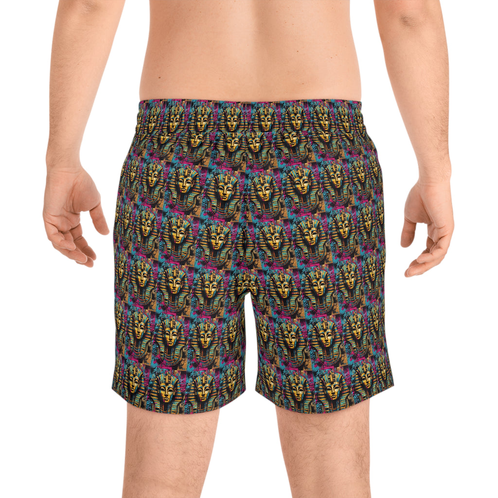 Egyptian Pharaoh Swim Shorts — Colorful Tutankhamun AOP Beach Trunks