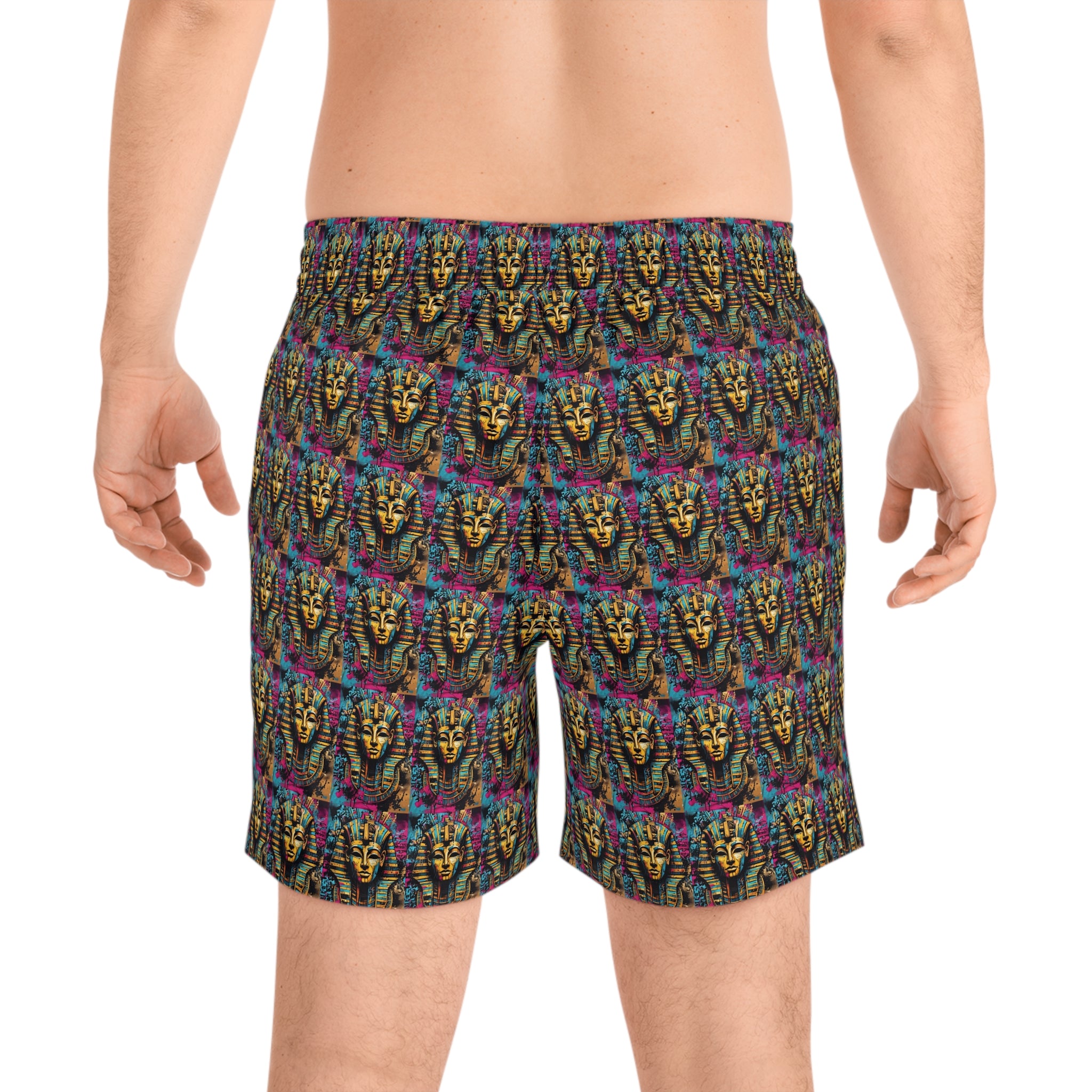 Egyptian Pharaoh Swim Shorts — Colorful Tutankhamun AOP Beach Trunks