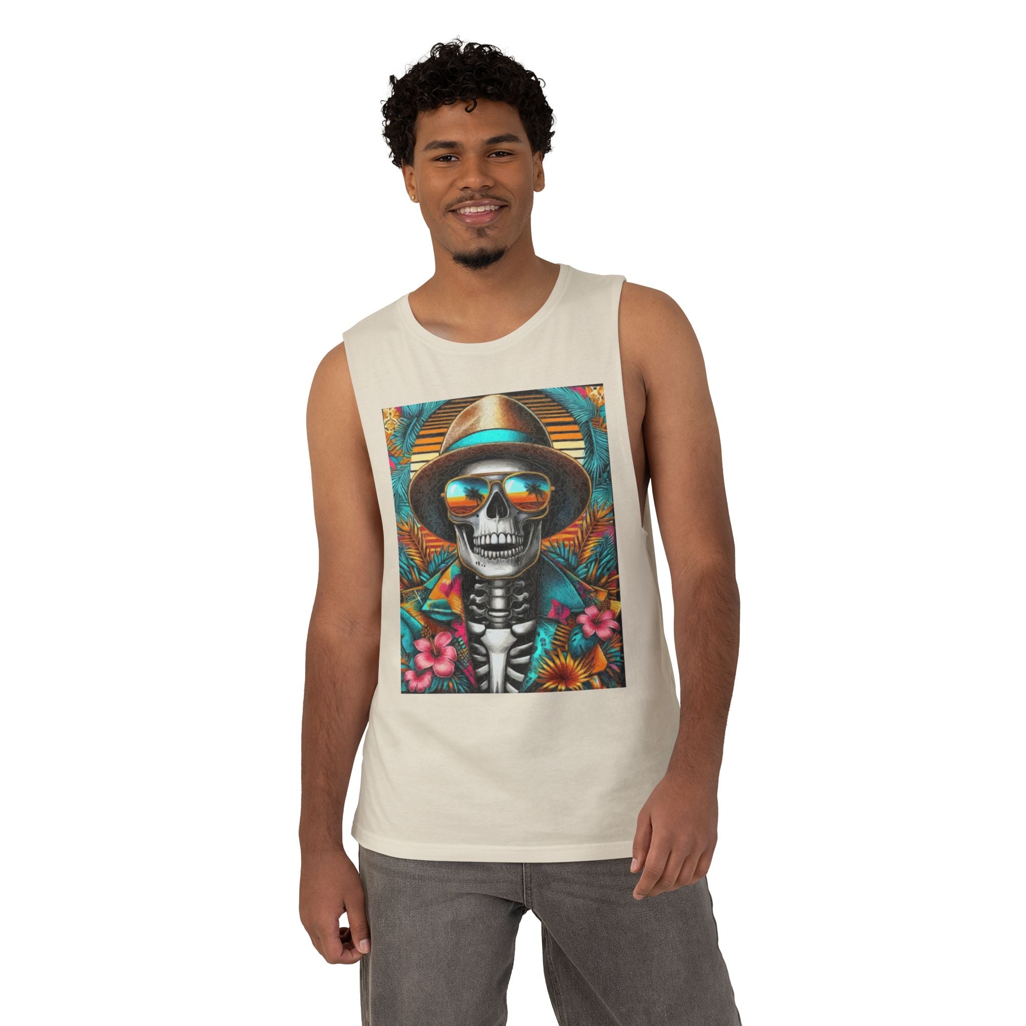 Skeleton Sun Hat Tank Top — Tropical Day of the Dead Skull Graphic Tank