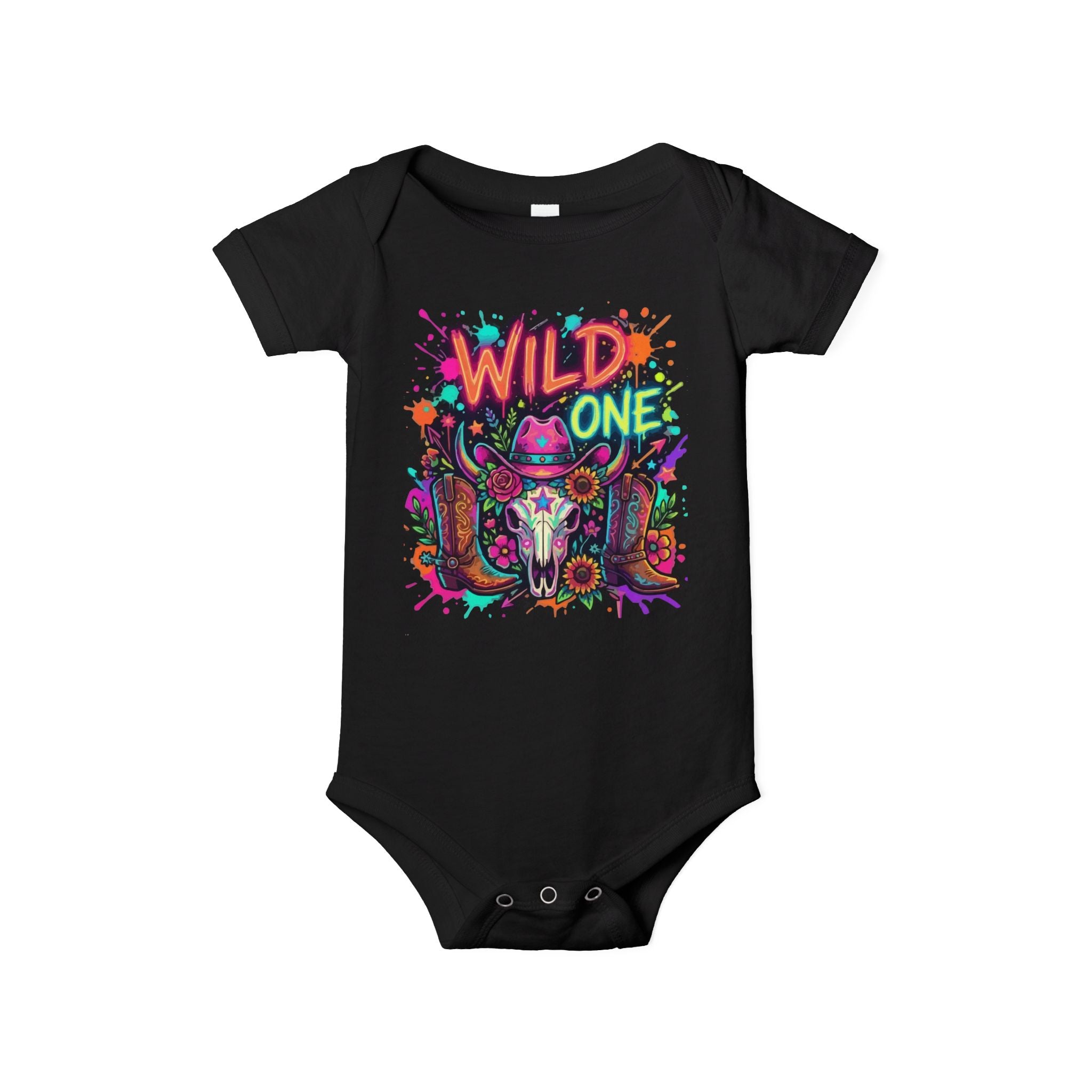 Infant Onesie "Wild One" Neon Cow Skull First Birthday Bodysuit
