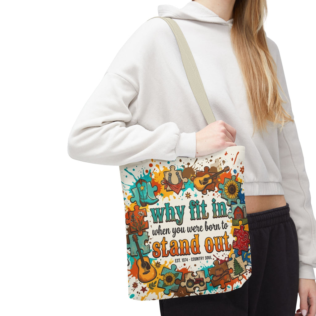 Stand Out Tote Bag — "Why Fit In When You Were Born to Stand Out" Colorful Boho Guitar Design