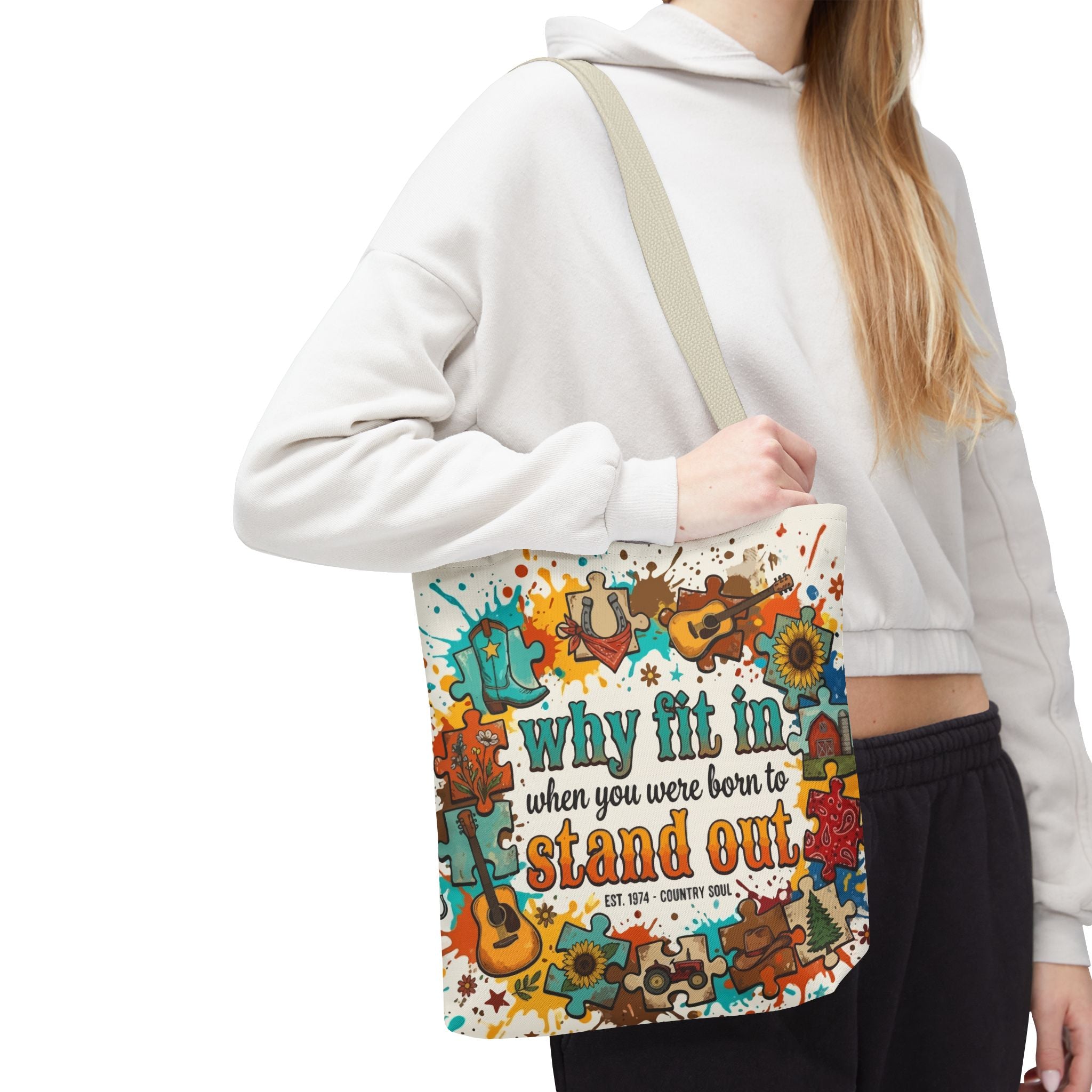 Stand Out Tote Bag — "Why Fit In When You Were Born to Stand Out" Colorful Boho Guitar Design