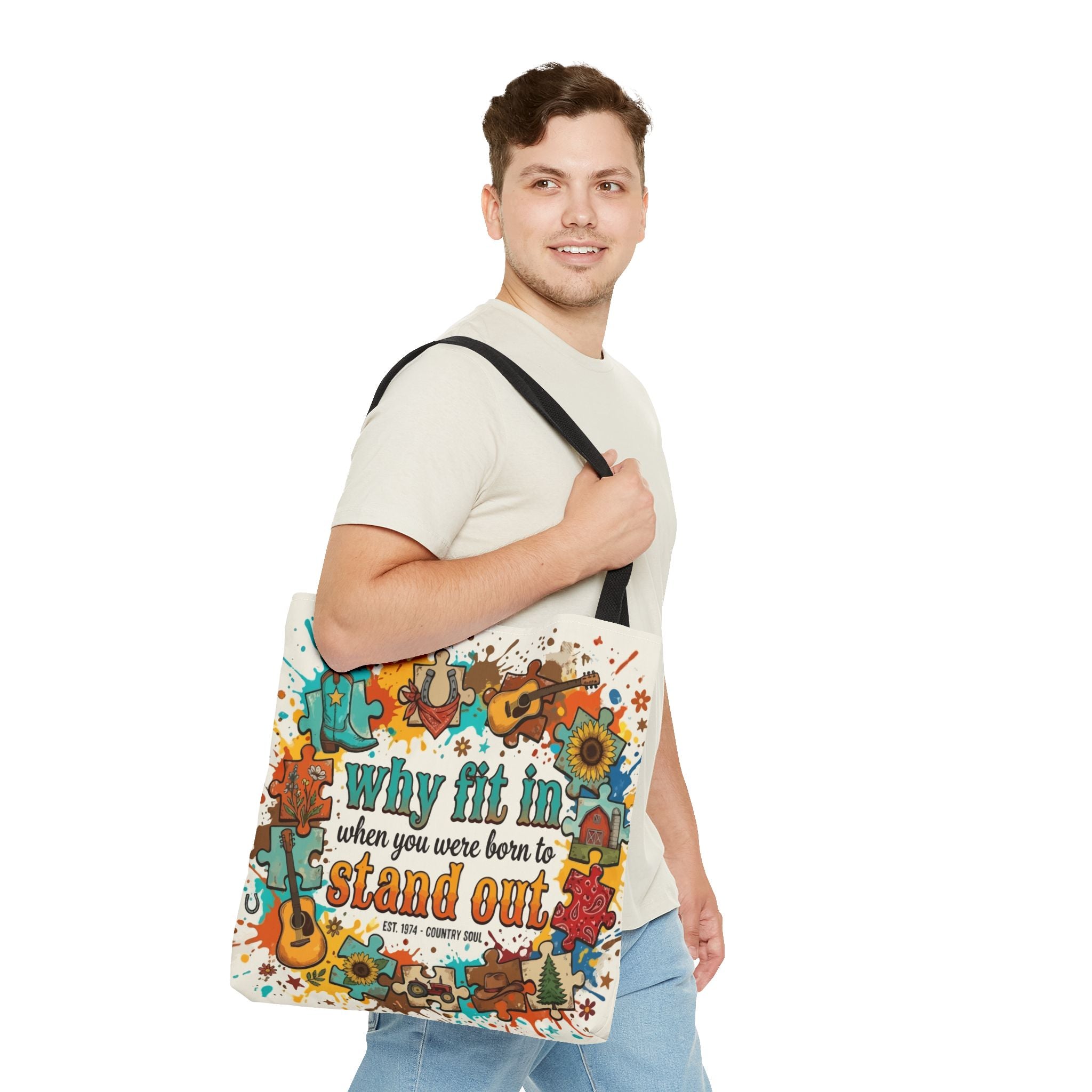 Stand Out Tote Bag — "Why Fit In When You Were Born to Stand Out" Colorful Boho Guitar Design