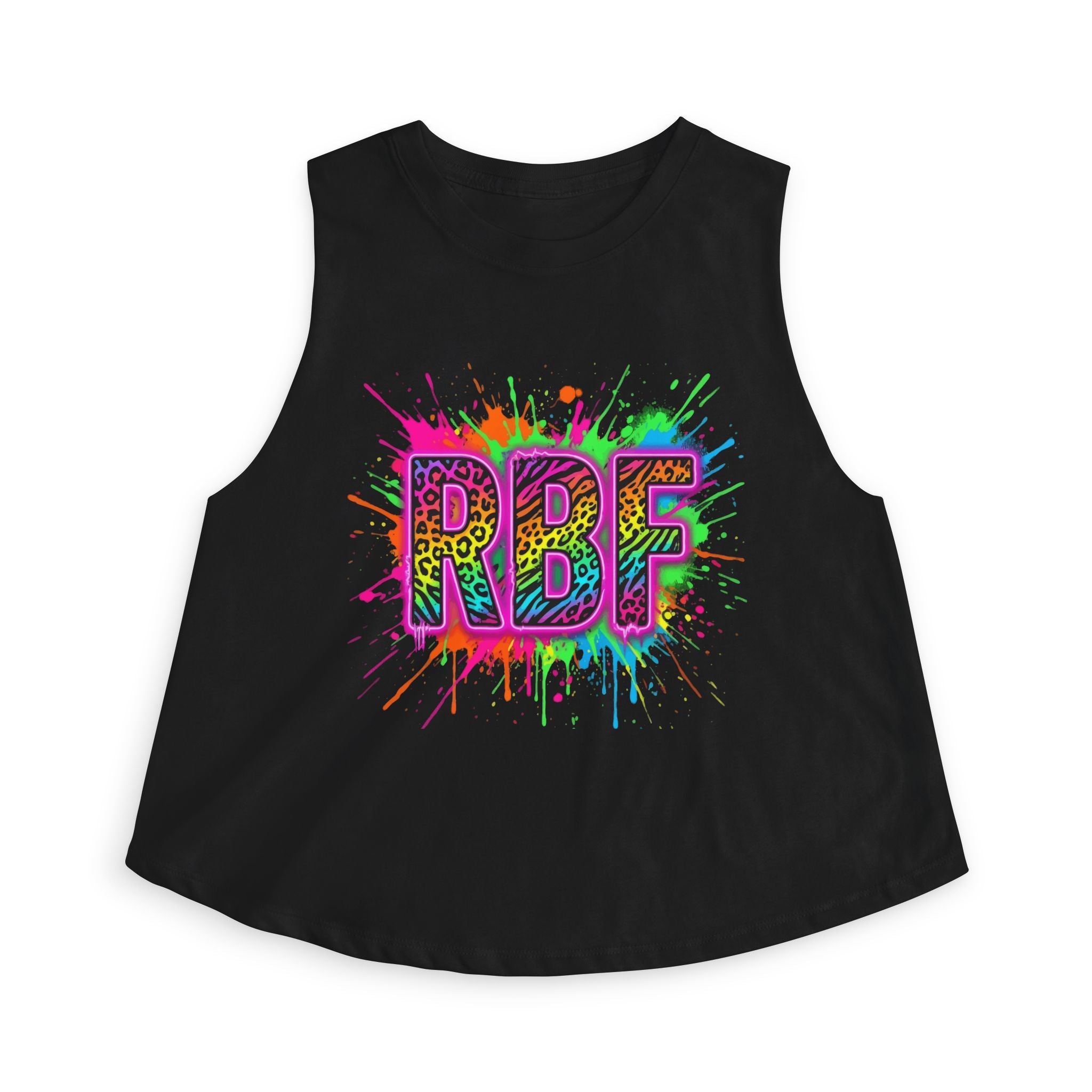 RBF Neon Splash Crop Top — Colorful Leopard Print Graphic