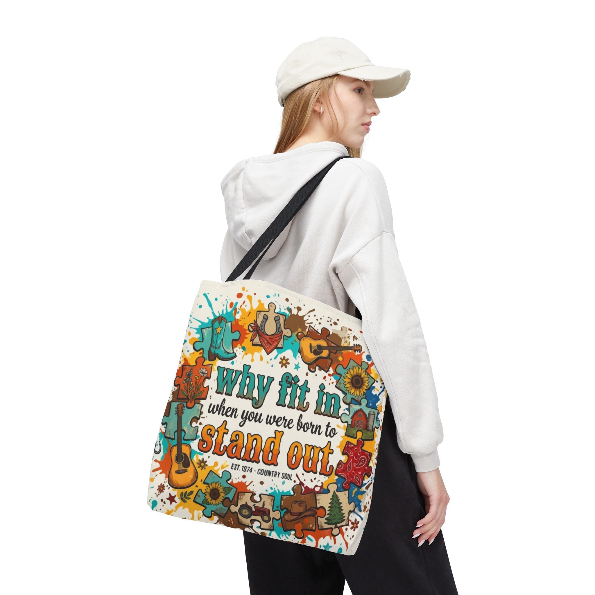 Stand Out Tote Bag — "Why Fit In When You Were Born to Stand Out" Colorful Boho Guitar Design