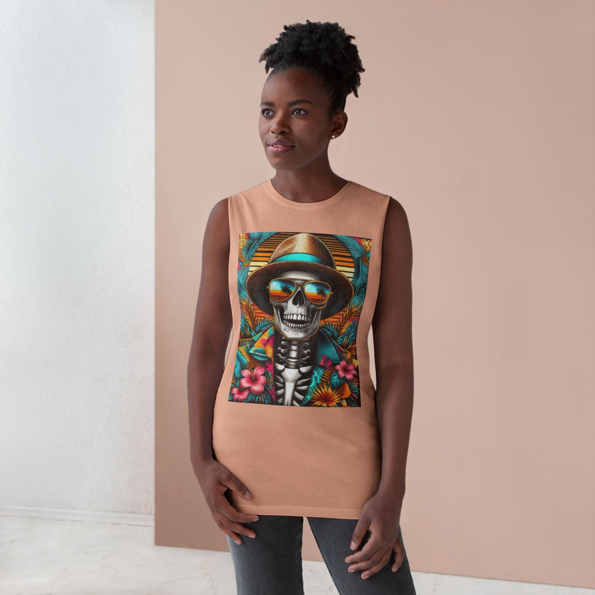 Skeleton Sun Hat Tank Top — Tropical Day of the Dead Skull Graphic Tank