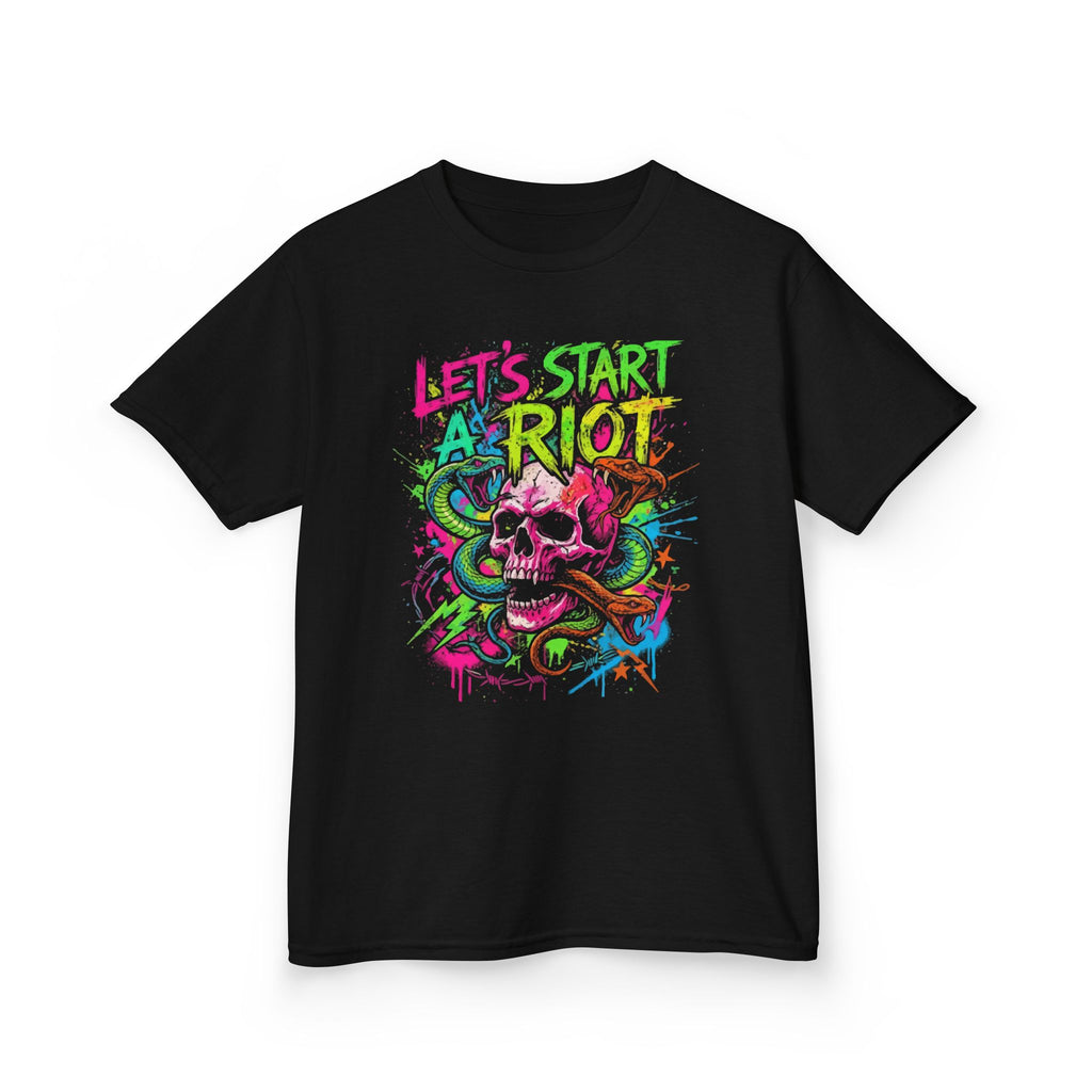 Kids T-Shirt — "Let's Start a Riot" Neon Skull Graphic Tee