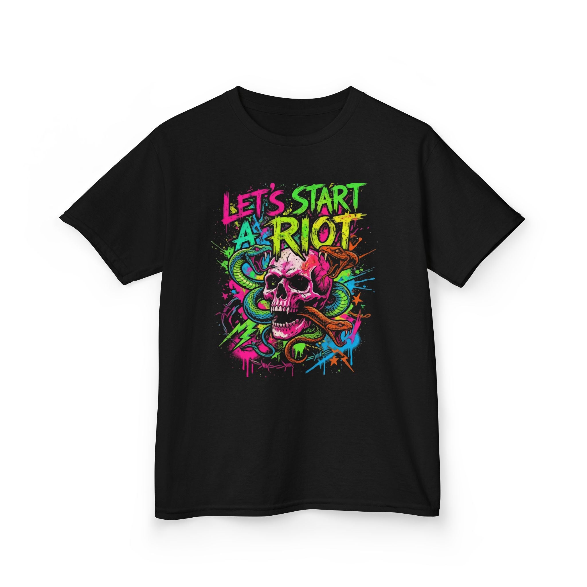 Kids T-Shirt — "Let's Start a Riot" Neon Skull Graphic Tee