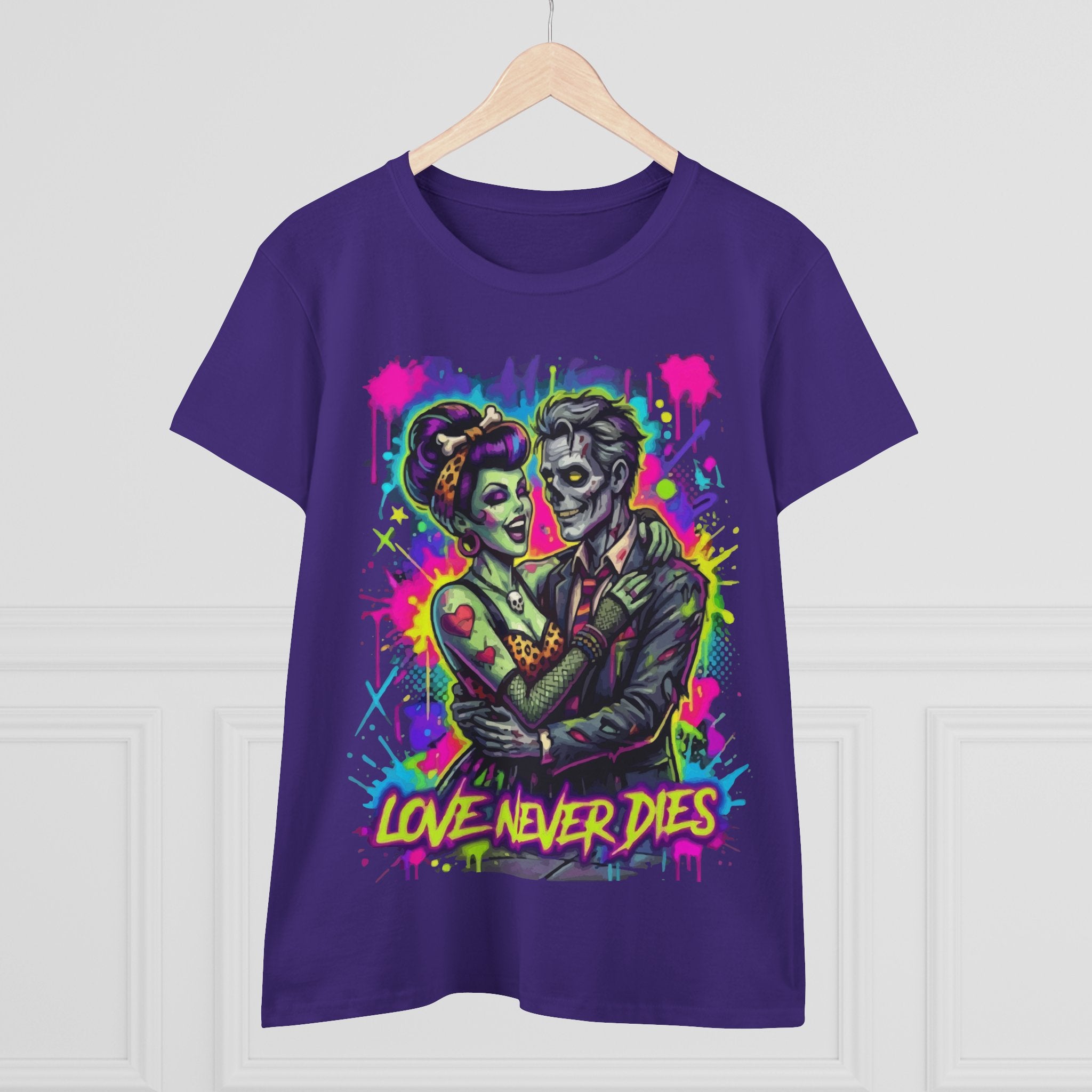 Women's Tee — Neon Zombie Couple "Love Never Dies" Graphic