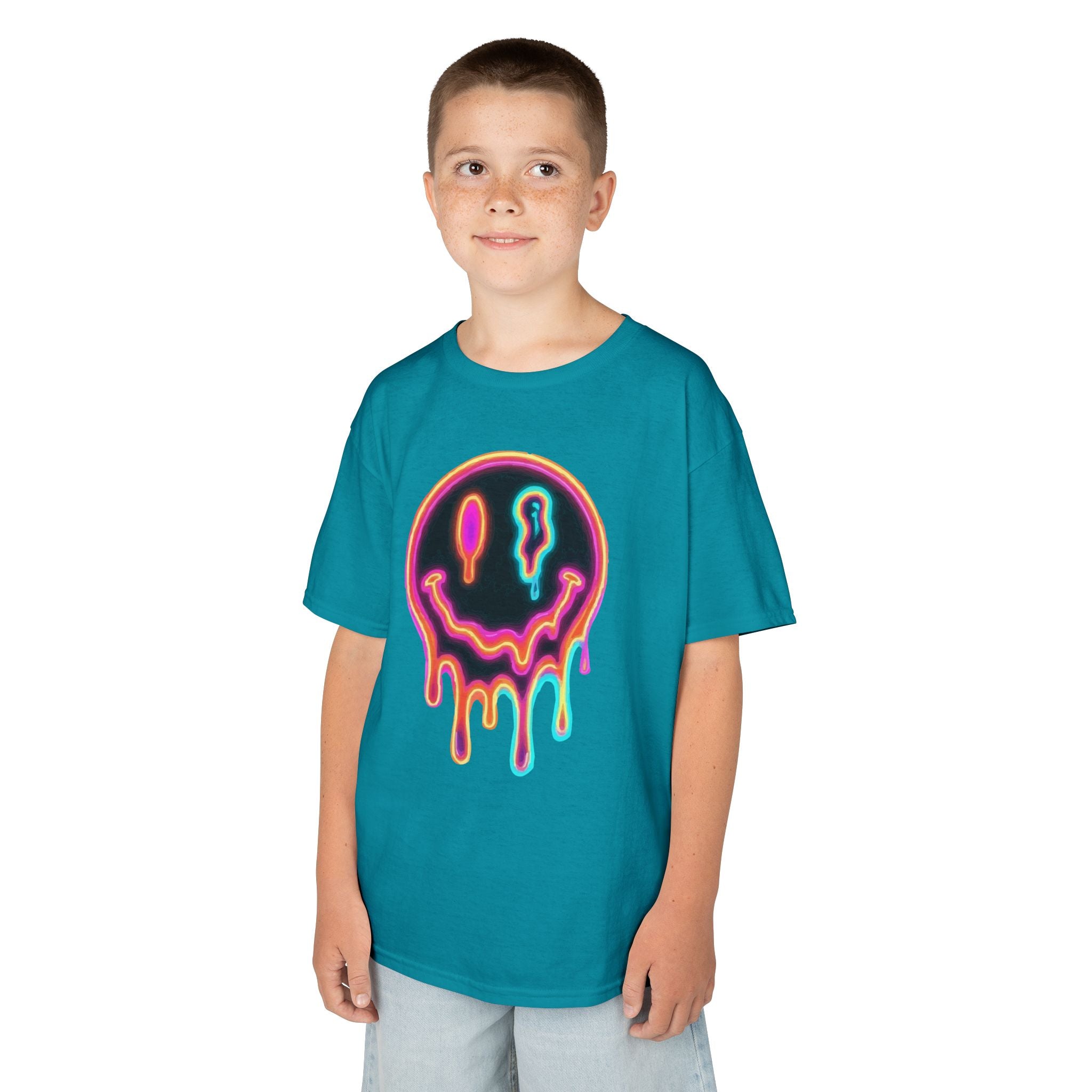 Kids Neon Drip Smiley T-Shirt — Colorful Melting Emoji Tee for Boys & Girls